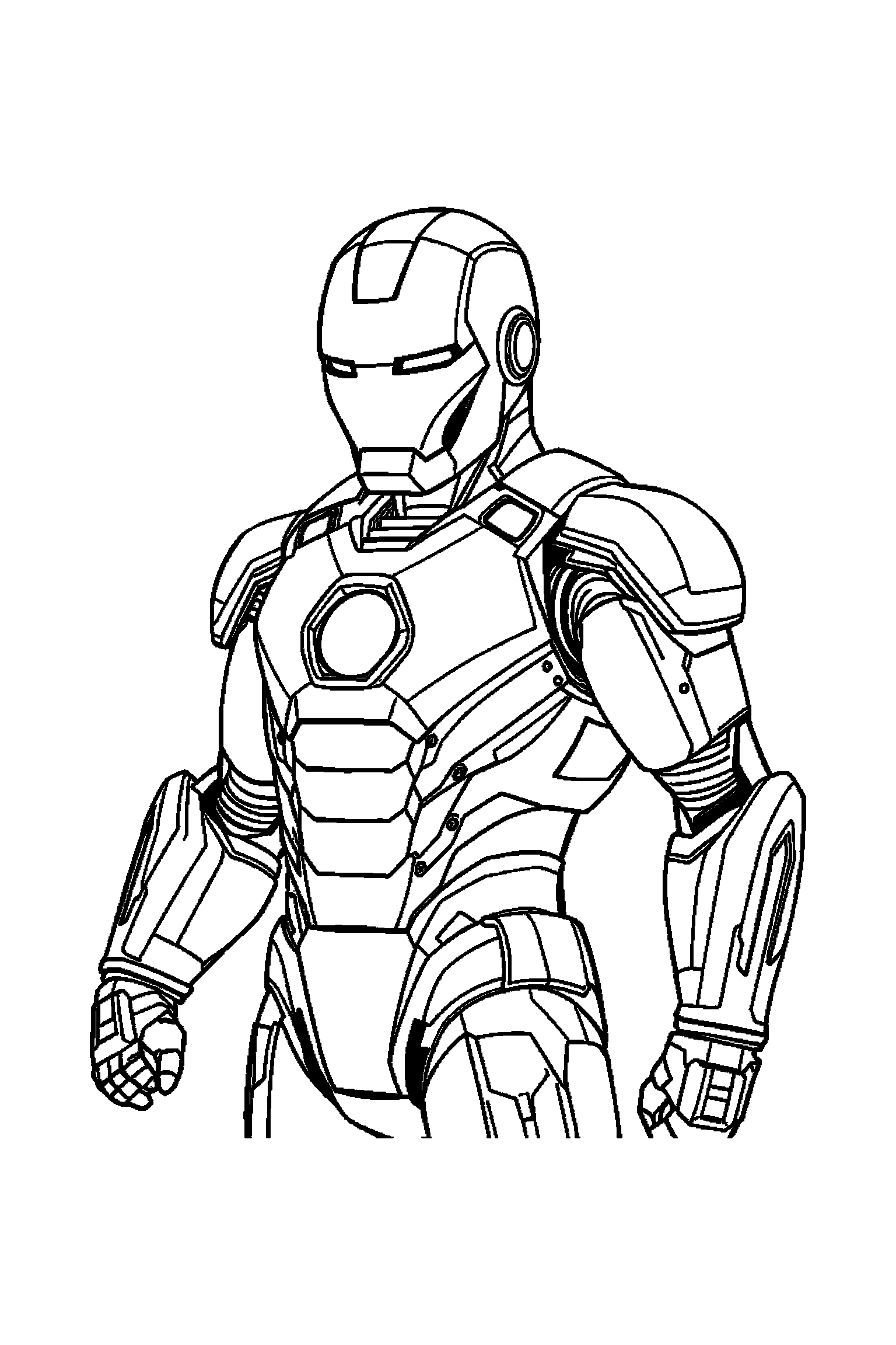 Coloriage Iron Man gratuit à imprimer : Tony Stark en armure debout avec les deux bras visibles et bien attachés au corps