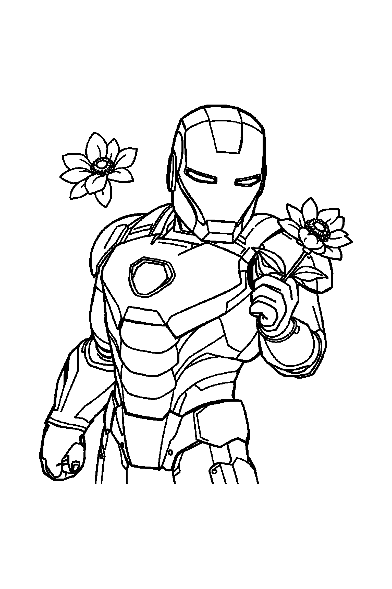 Coloriage Iron Man gratuit à imprimer : une armure volante tenant une fleur
