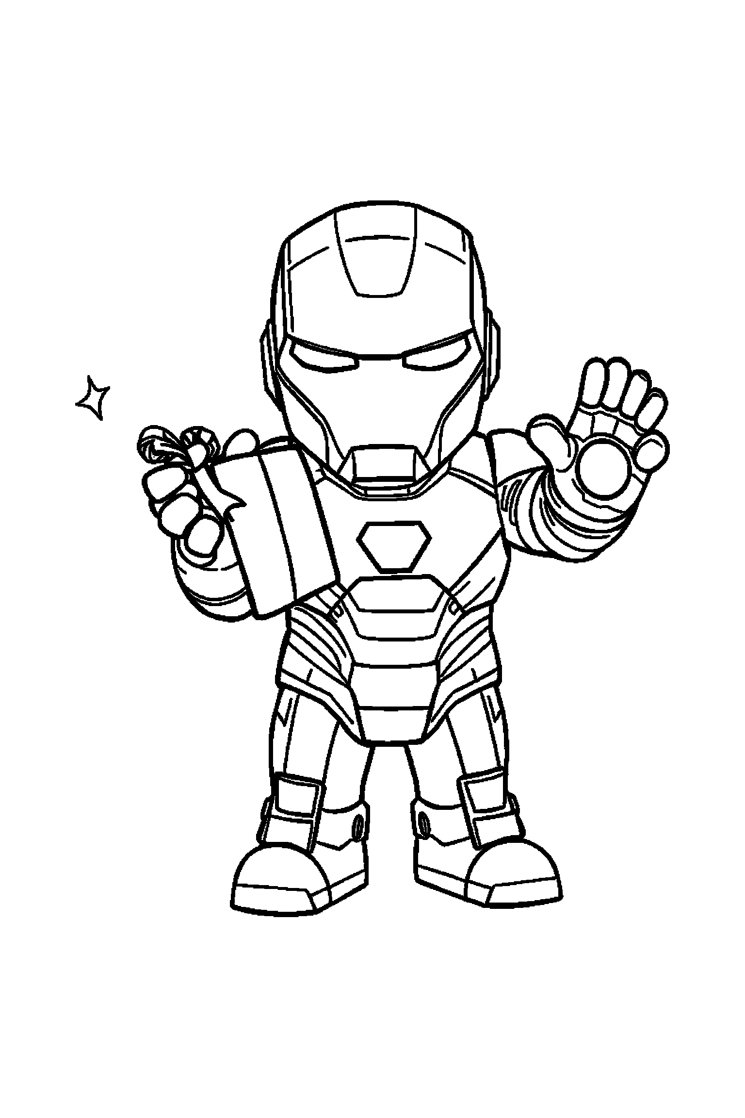 Coloriage Iron Man gratuit à imprimer : un héros en armure avec un cadeau fermé