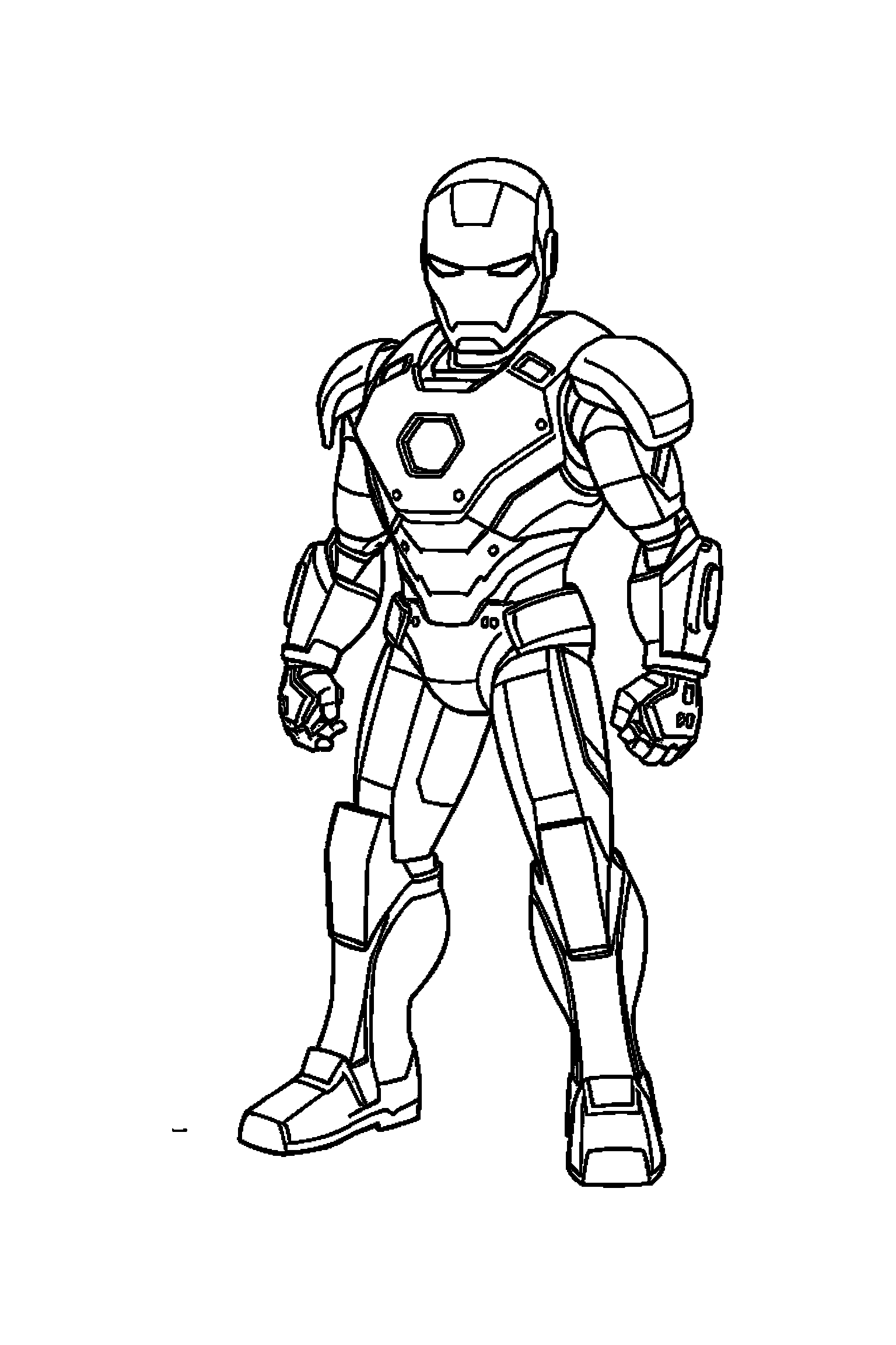 Coloriage Iron Man gratuit à imprimer : Iron Man debout en armure, pose calme et stable