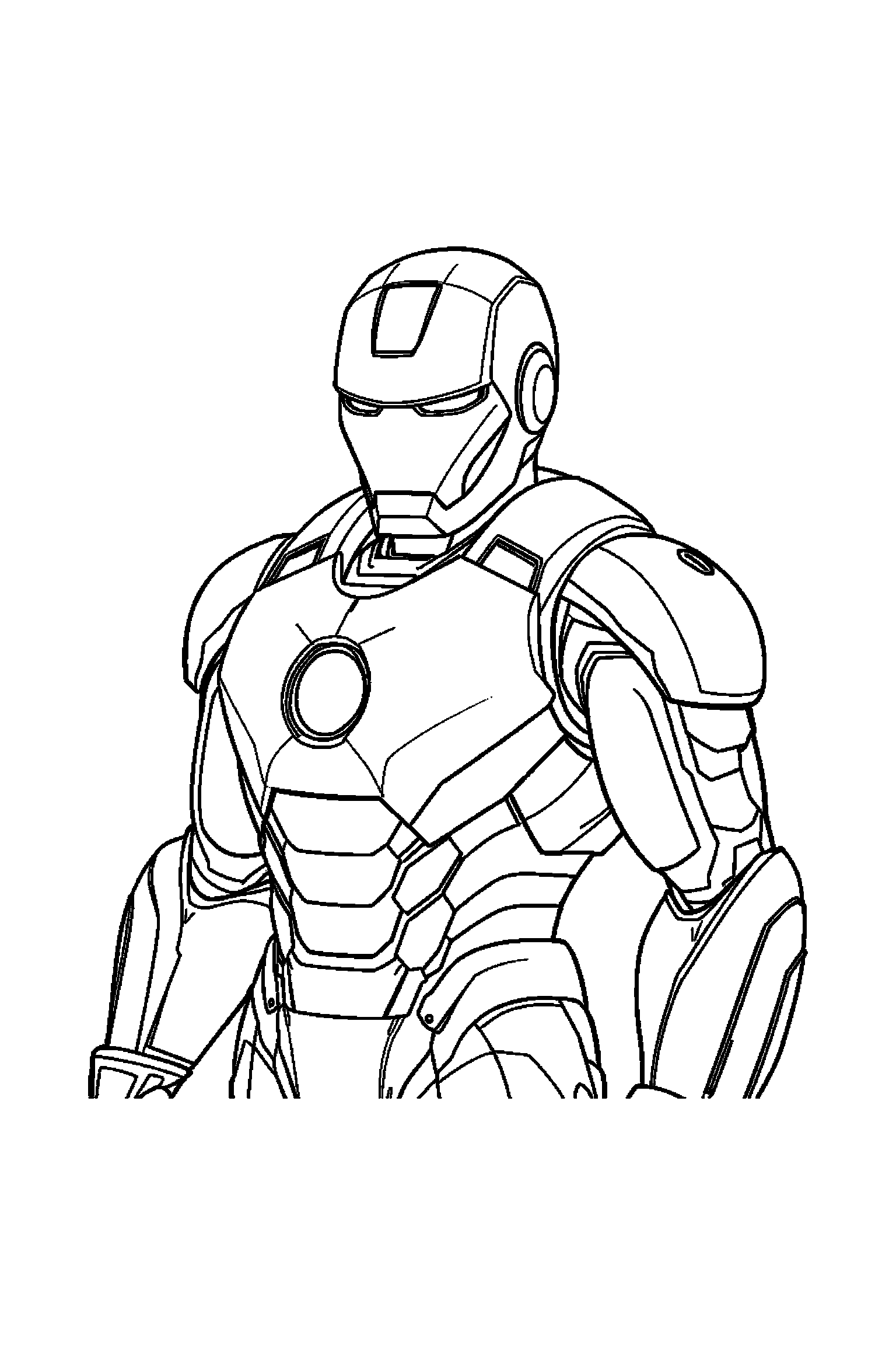 Coloriage Iron Man gratuit à imprimer : Tony Stark en armure qui montre un casque avec un bras bien attaché au corps