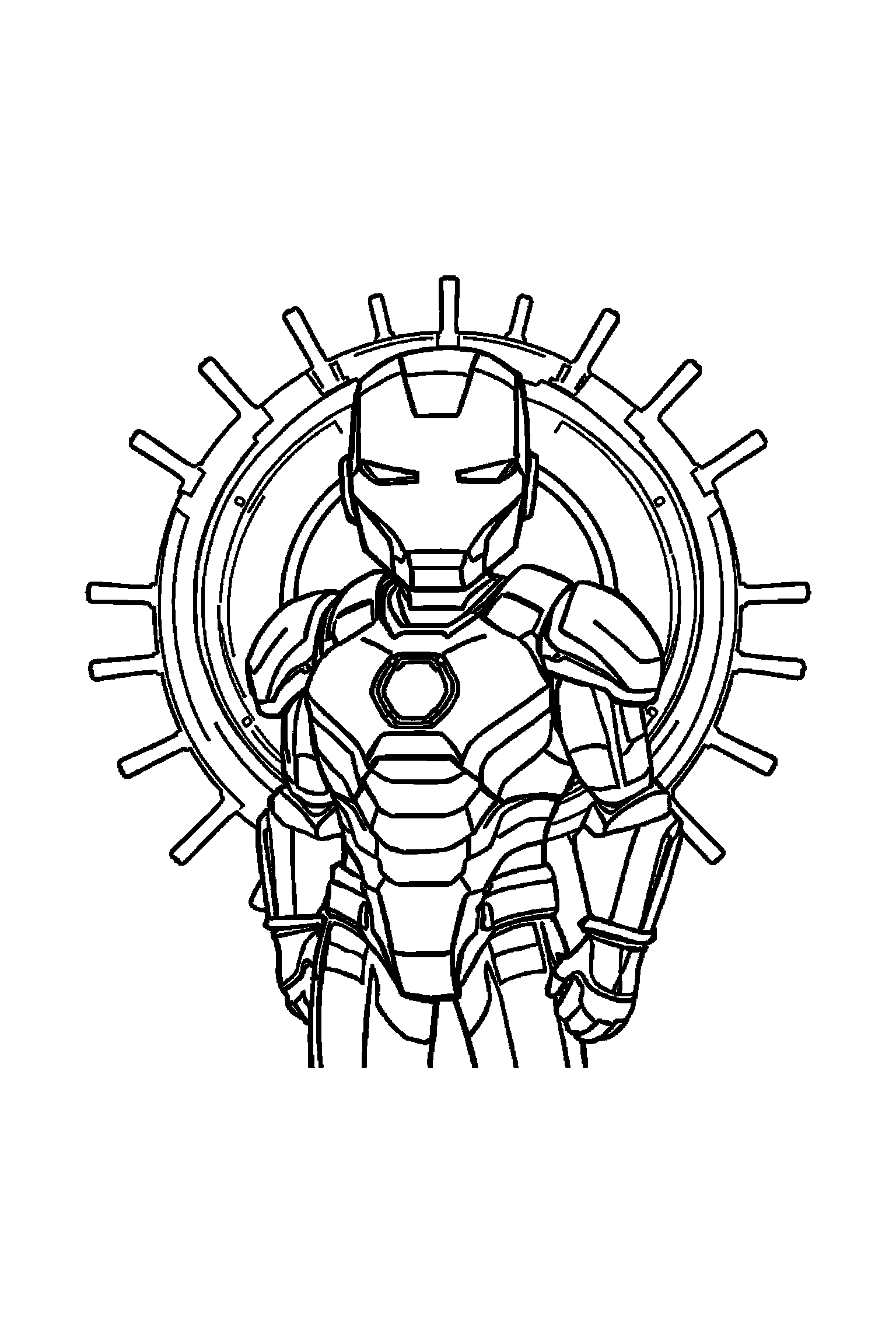 Coloriage Iron Man gratuit à imprimer : un héros en armure souriant devant un grand motif éclairs