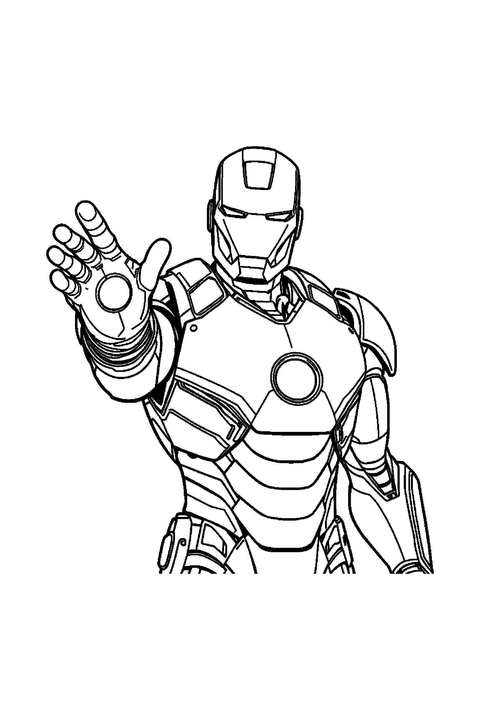 Coloriage Iron Man gratuit à imprimer : Iron Man qui lève le bras dans une pose anatomique claire