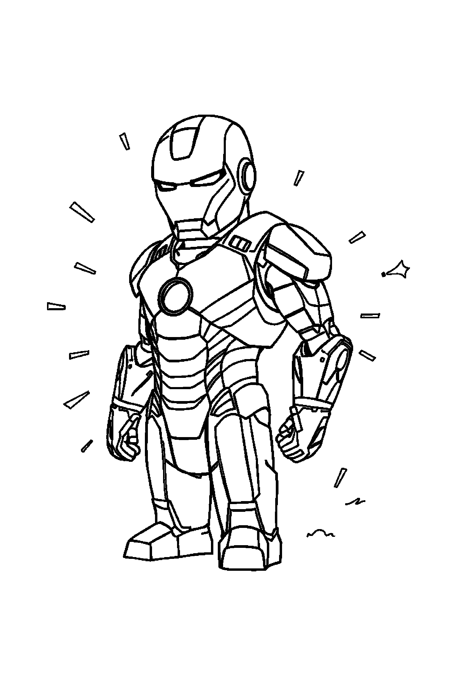 Coloriage Iron Man gratuit à imprimer : un héros en armure au centre avec éclairs en arrière-plan