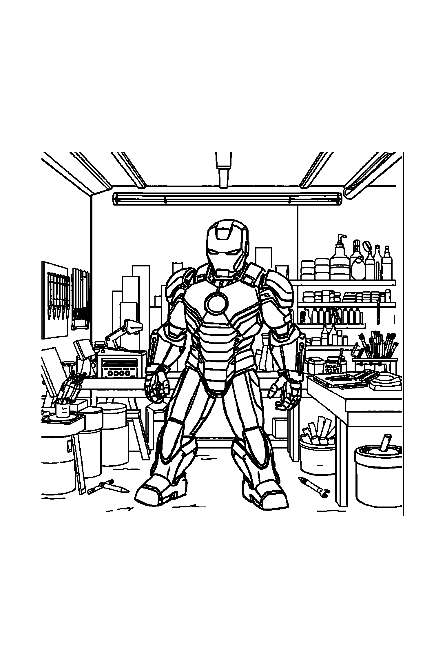 Coloriage Iron Man gratuit à imprimer : Iron Man debout dans un atelier très simple, seulement quelques outils faciles à colorier