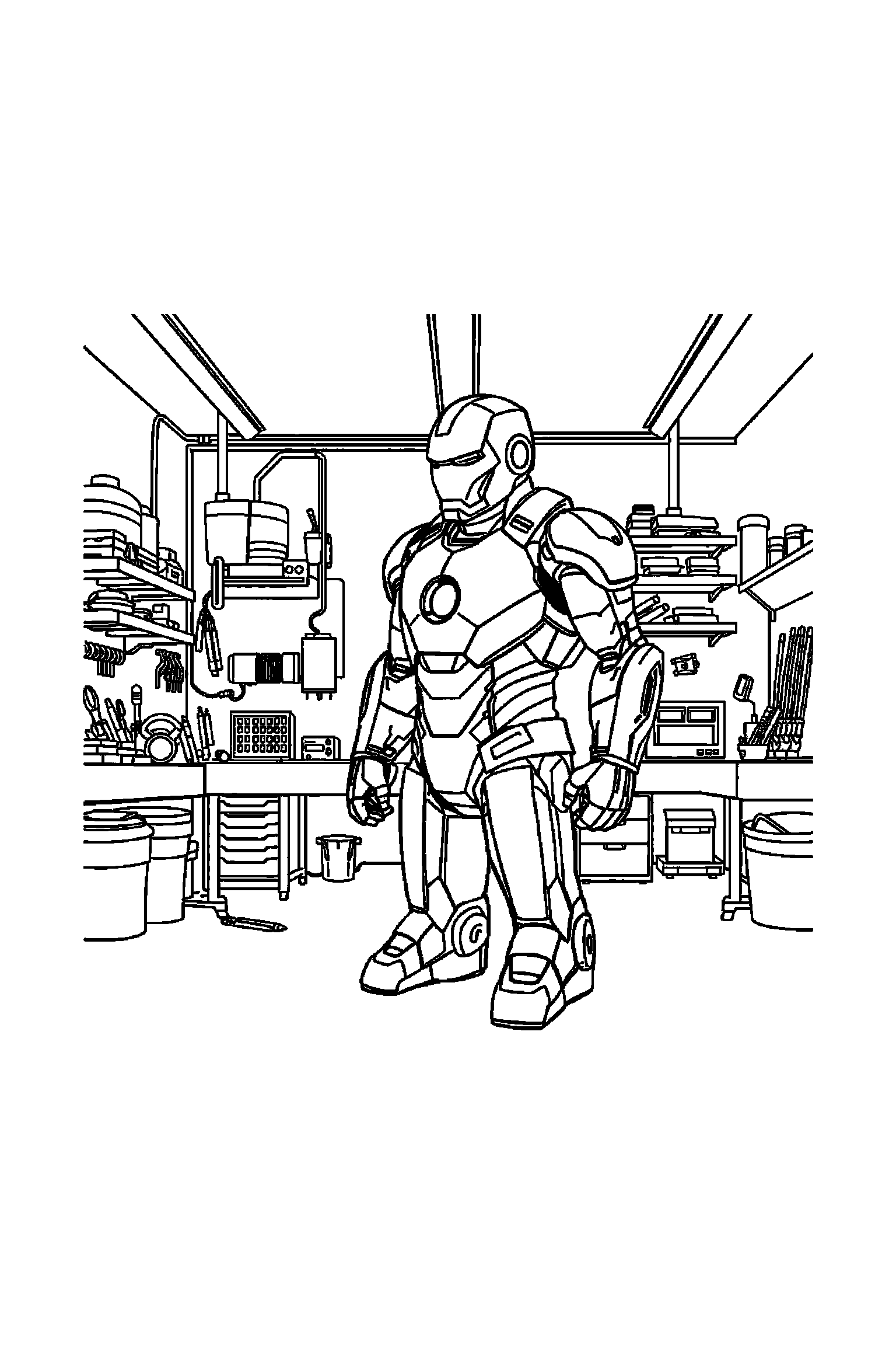 Coloriage Iron Man gratuit à imprimer : Iron Man debout dans un atelier tres simple avec grands contours