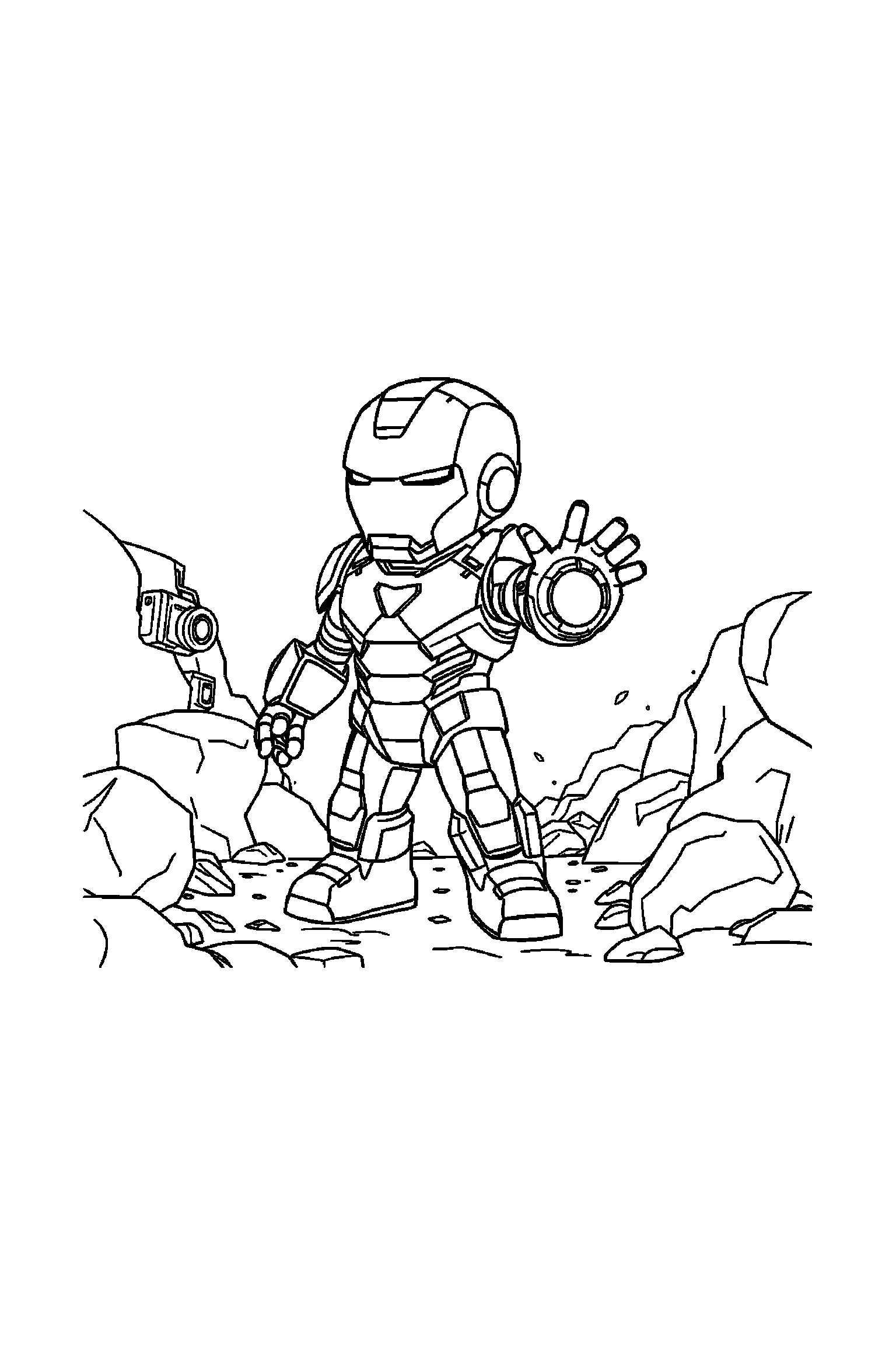 Coloriage Iron Man gratuit à imprimer : un héros en armure en petite scène d'aventure