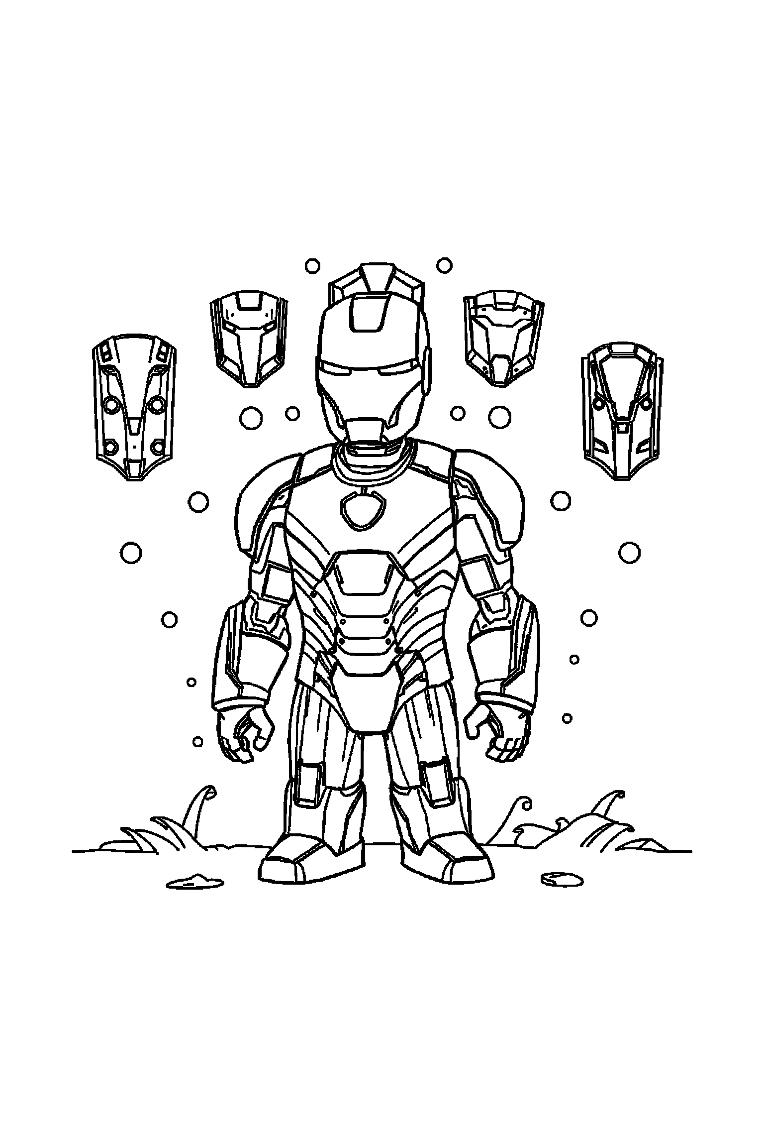 Coloriage Iron Man gratuit à imprimer : Iron Man devant un fond décoré avec plaques d'armure