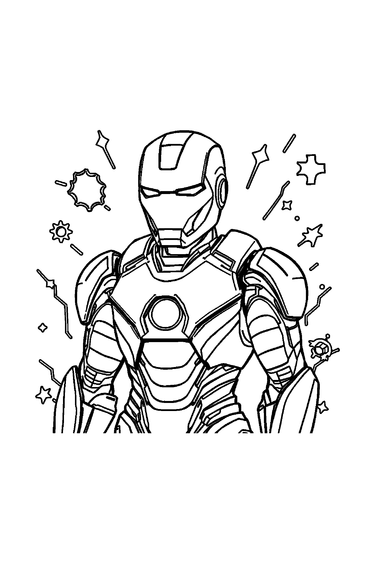 Coloriage Iron Man gratuit à imprimer : un héros en armure entouré par des motifs éclairs