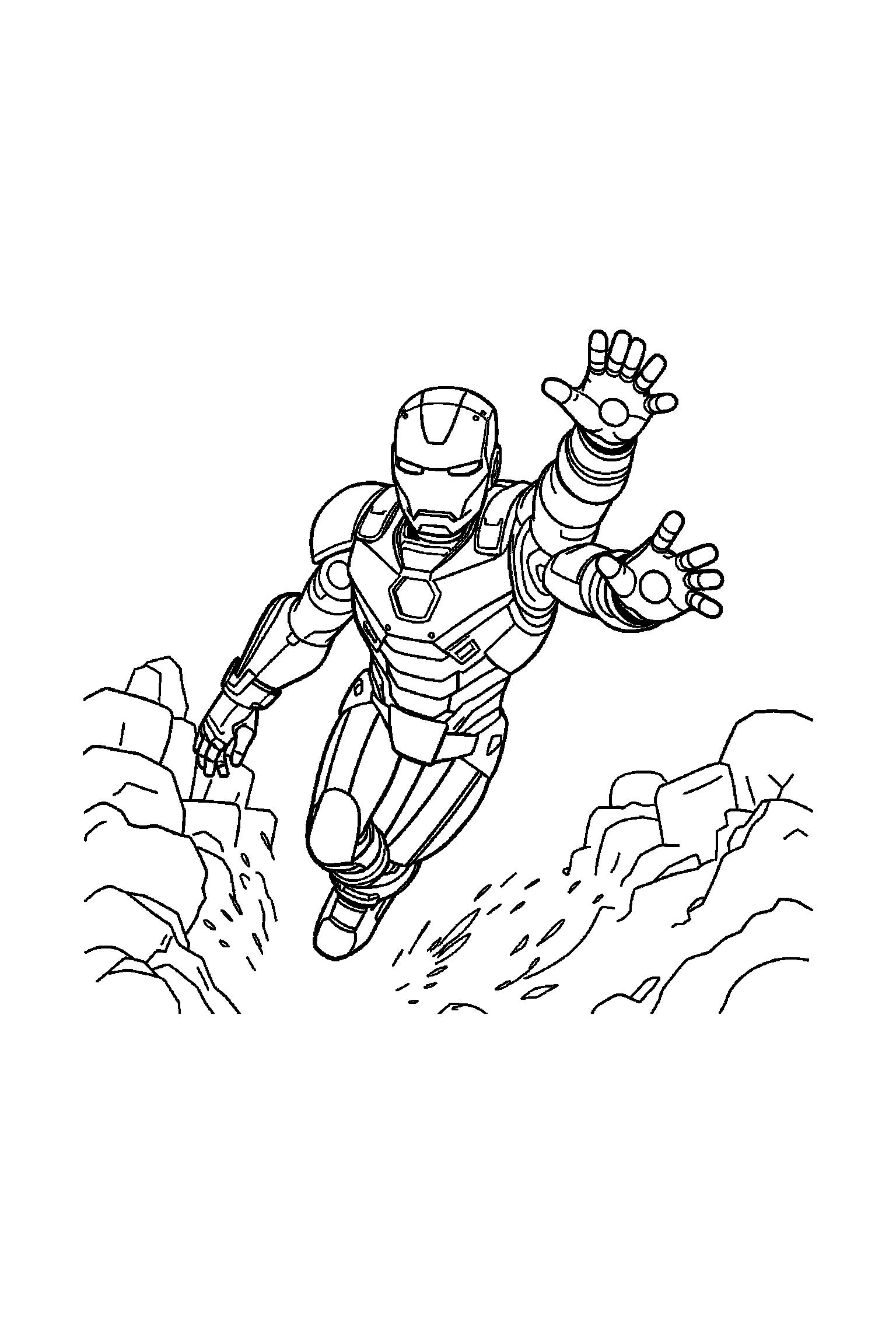 Coloriage Iron Man gratuit à imprimer : une armure volante dans une scène joyeuse