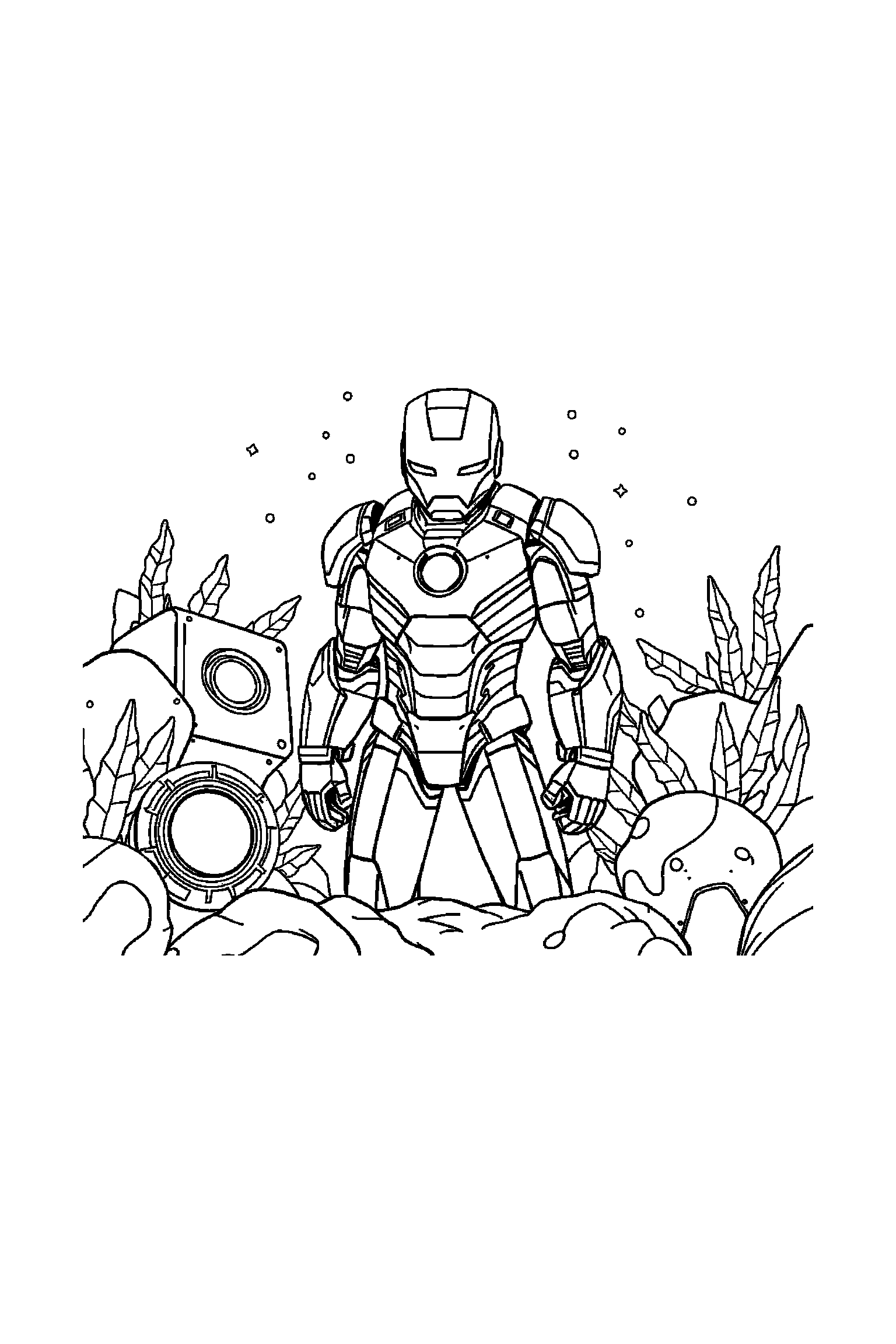 Coloriage Iron Man gratuit à imprimer : Iron Man au milieu de grands éléments faciles