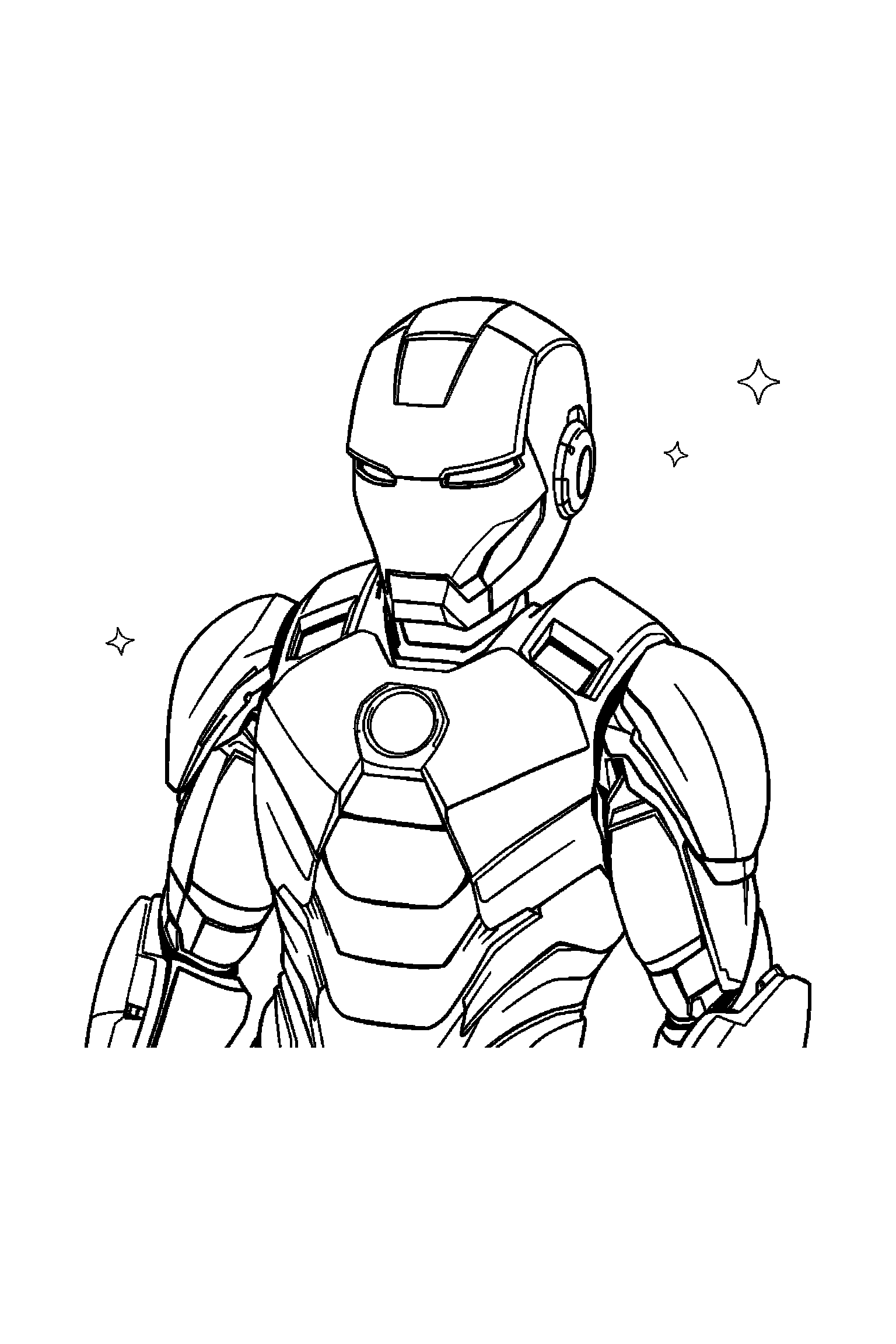 Coloriage Iron Man gratuit à imprimer : Tony Stark en armure avec un casque sur un fond clair
