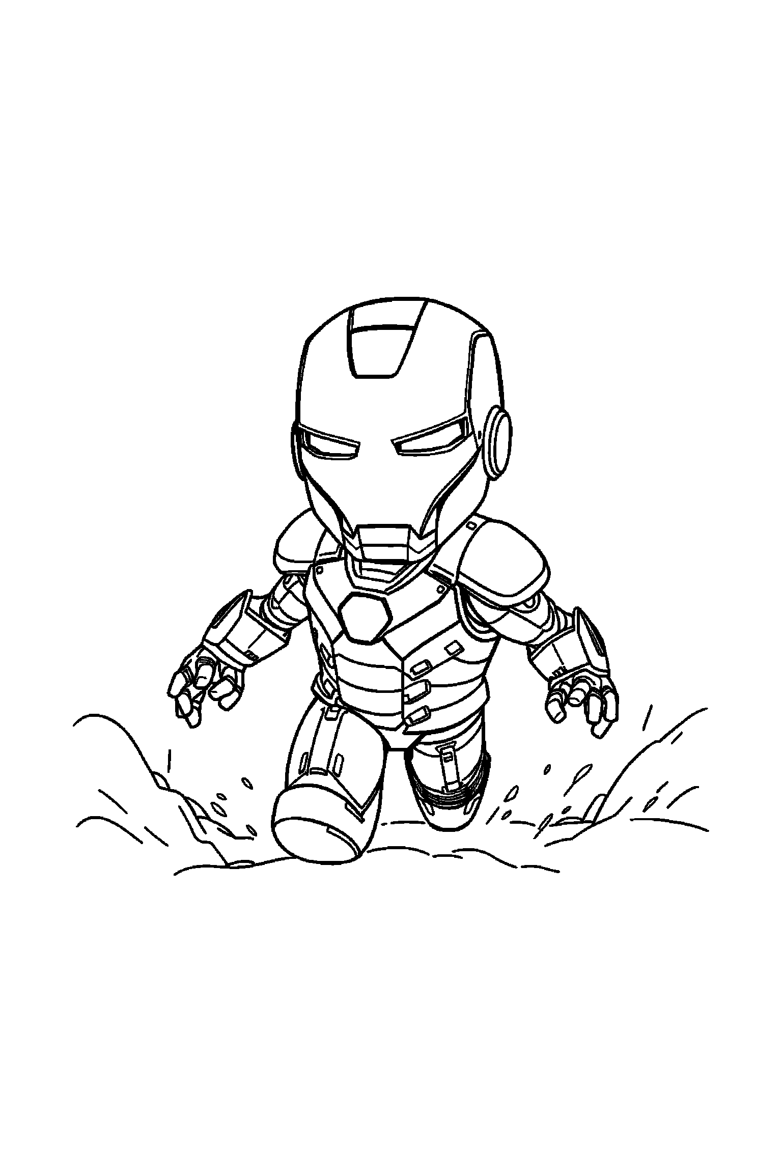 Coloriage Iron Man gratuit à imprimer : un héros en armure en mouvement avec des lignes simples