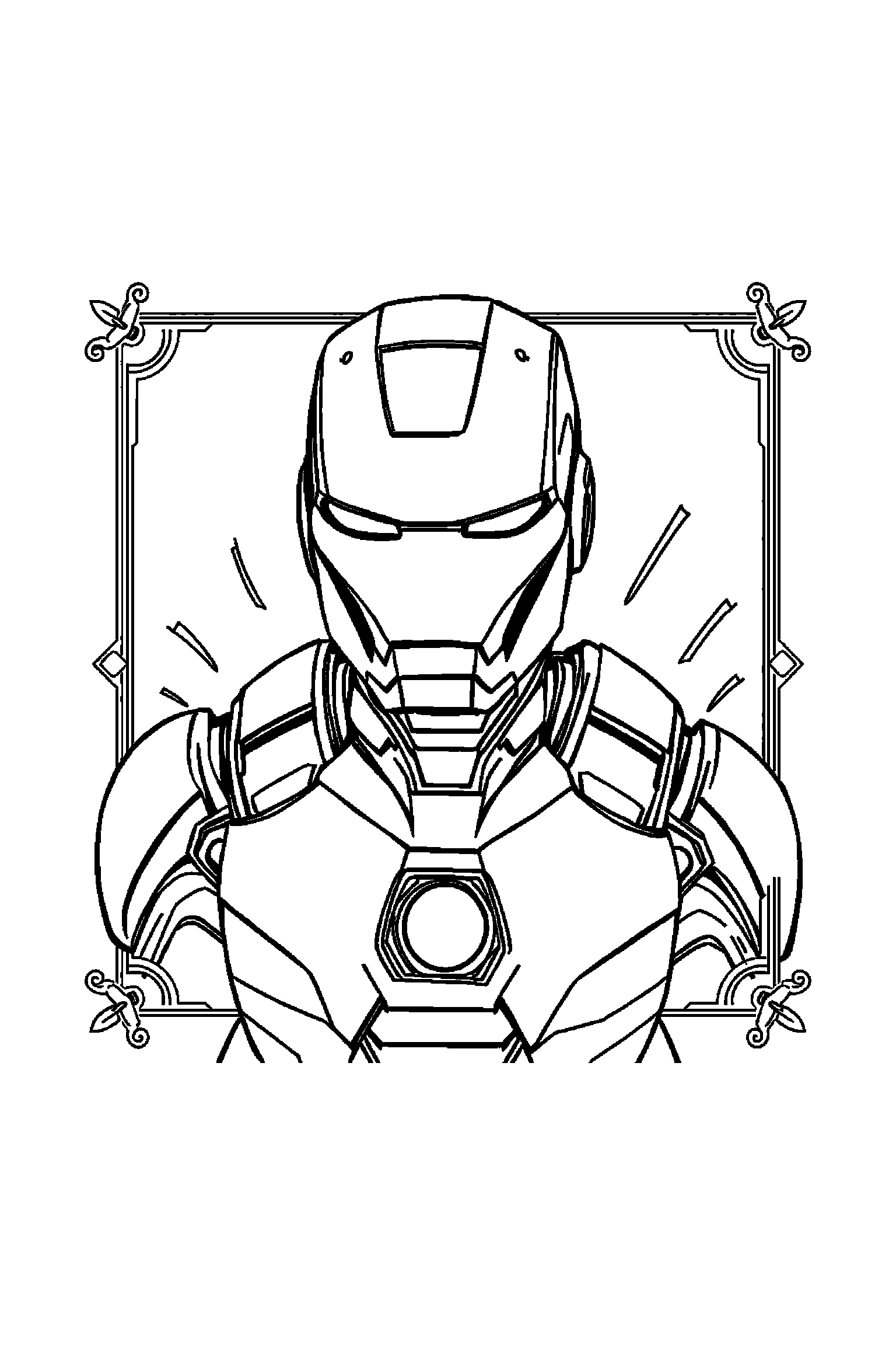 Coloriage Iron Man gratuit à imprimer : un casque Iron Man dans un cadre décoratif léger