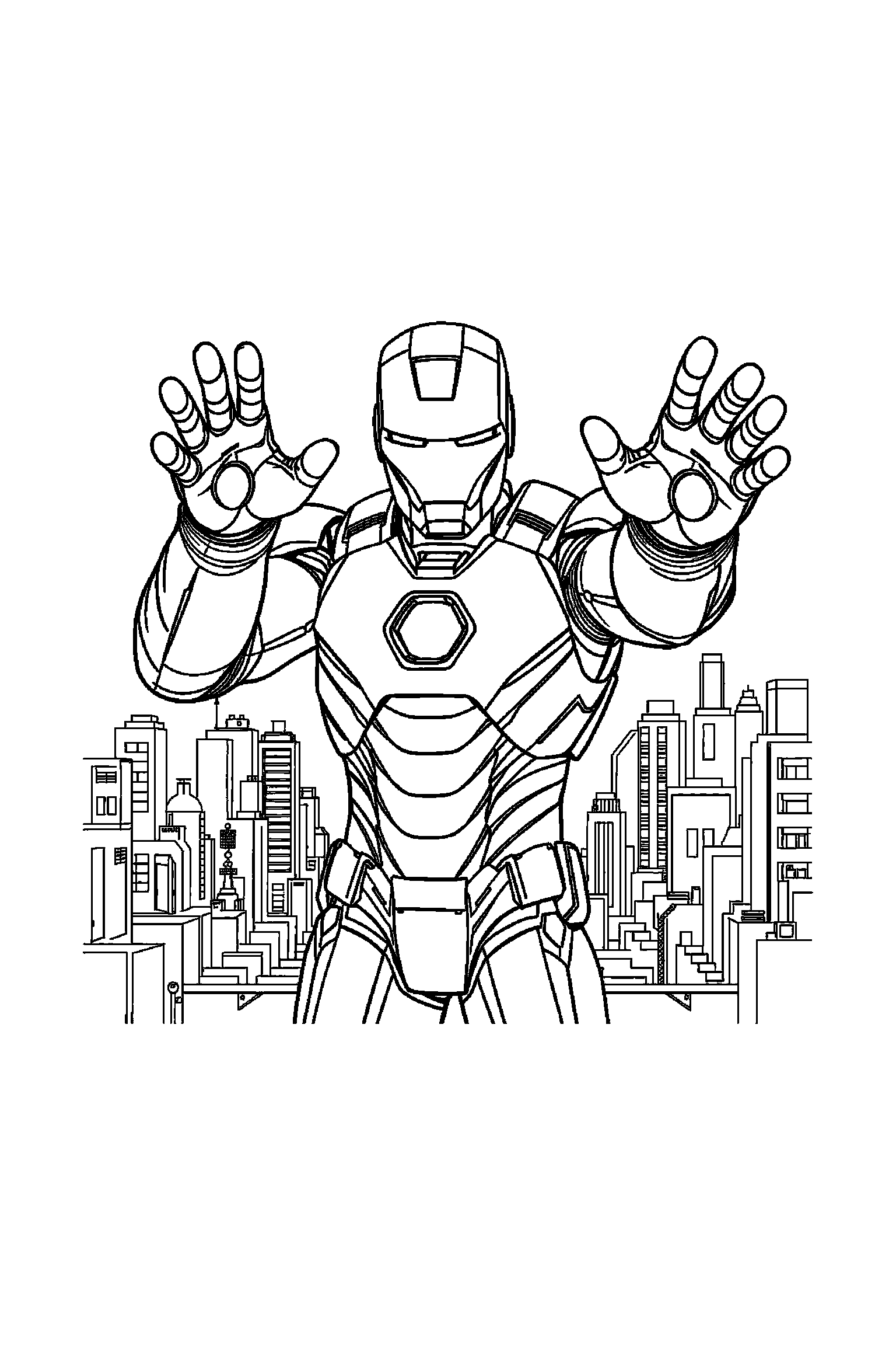 Coloriage Iron Man gratuit à imprimer : Iron Man en armure complète avec cinq détails mécaniques simples autour de lui