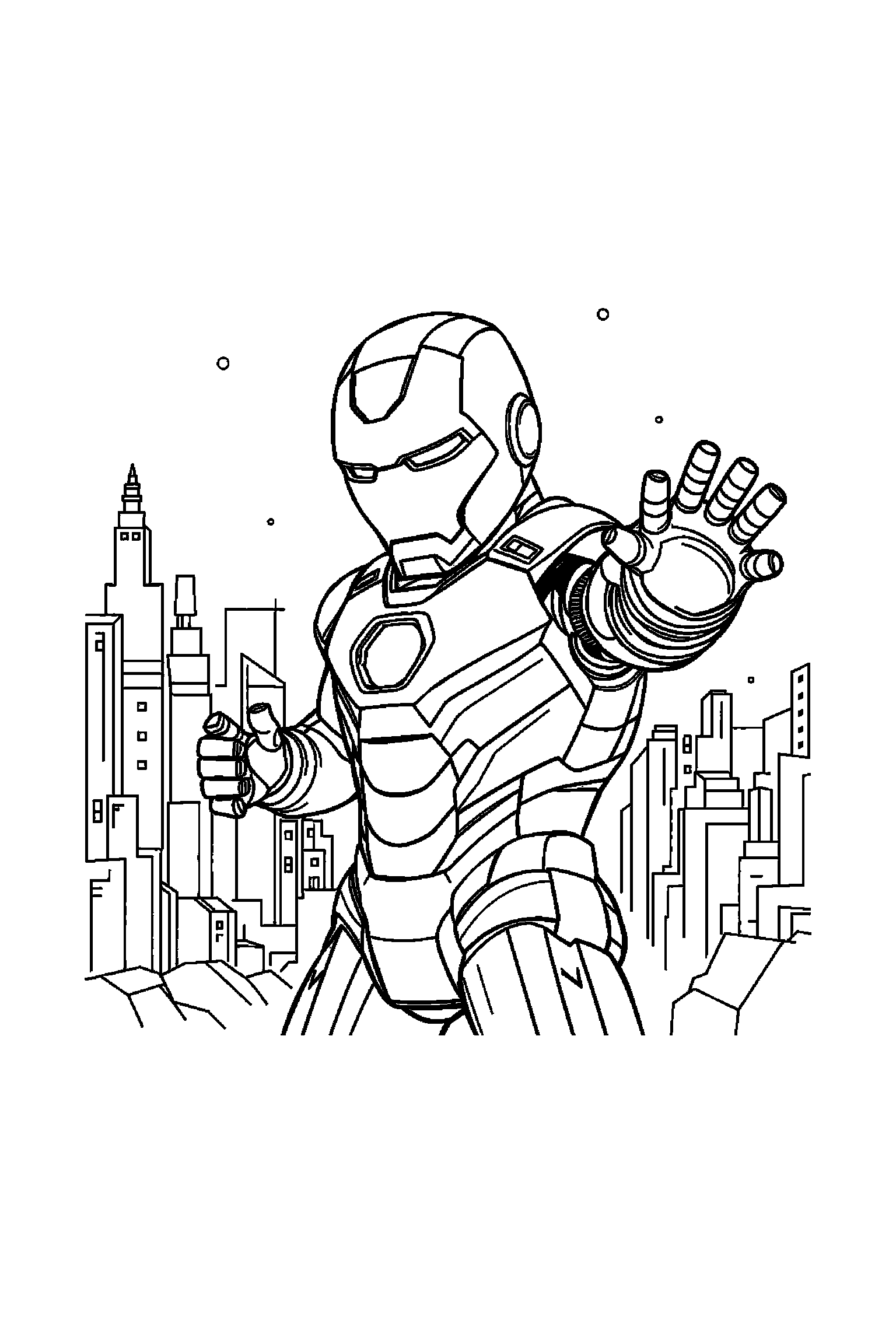 Coloriage Iron Man gratuit à imprimer : Iron Man en pose héroïque sur fond blanc avec quelques éclairs simples