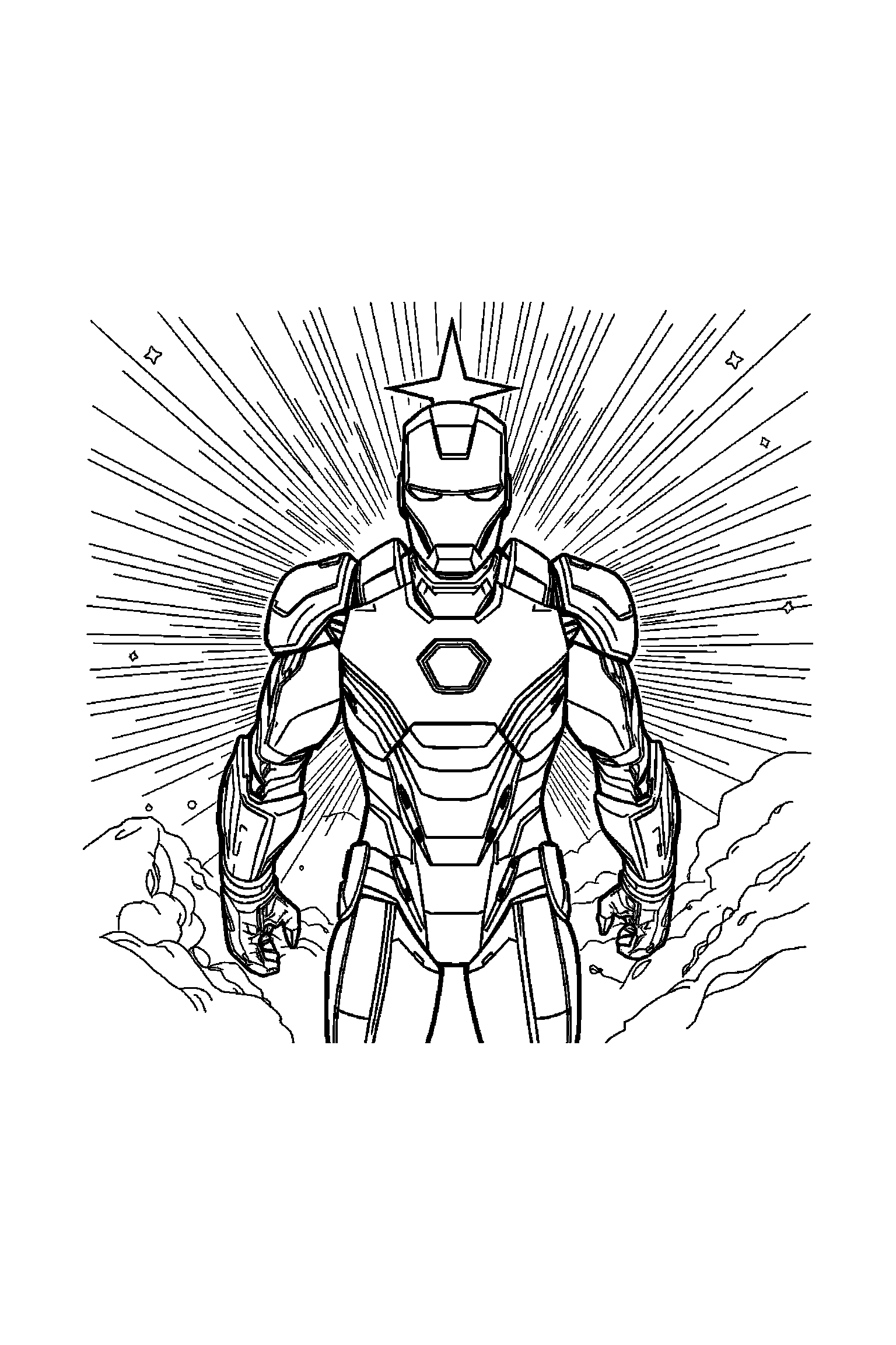 Coloriage Iron Man gratuit à imprimer : une armure volante avec une étoile, rayons et arrière-plan complet