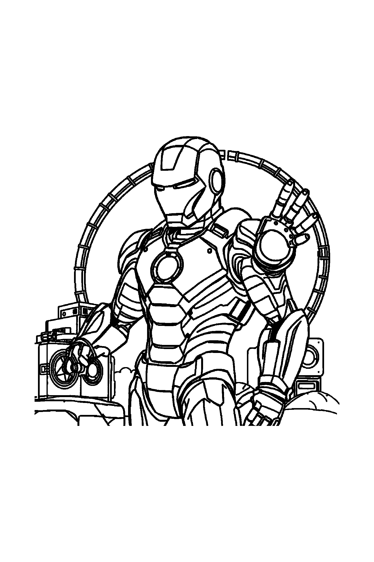 Coloriage Iron Man gratuit à imprimer : Iron Man dans une petite scène avec un réacteur arc