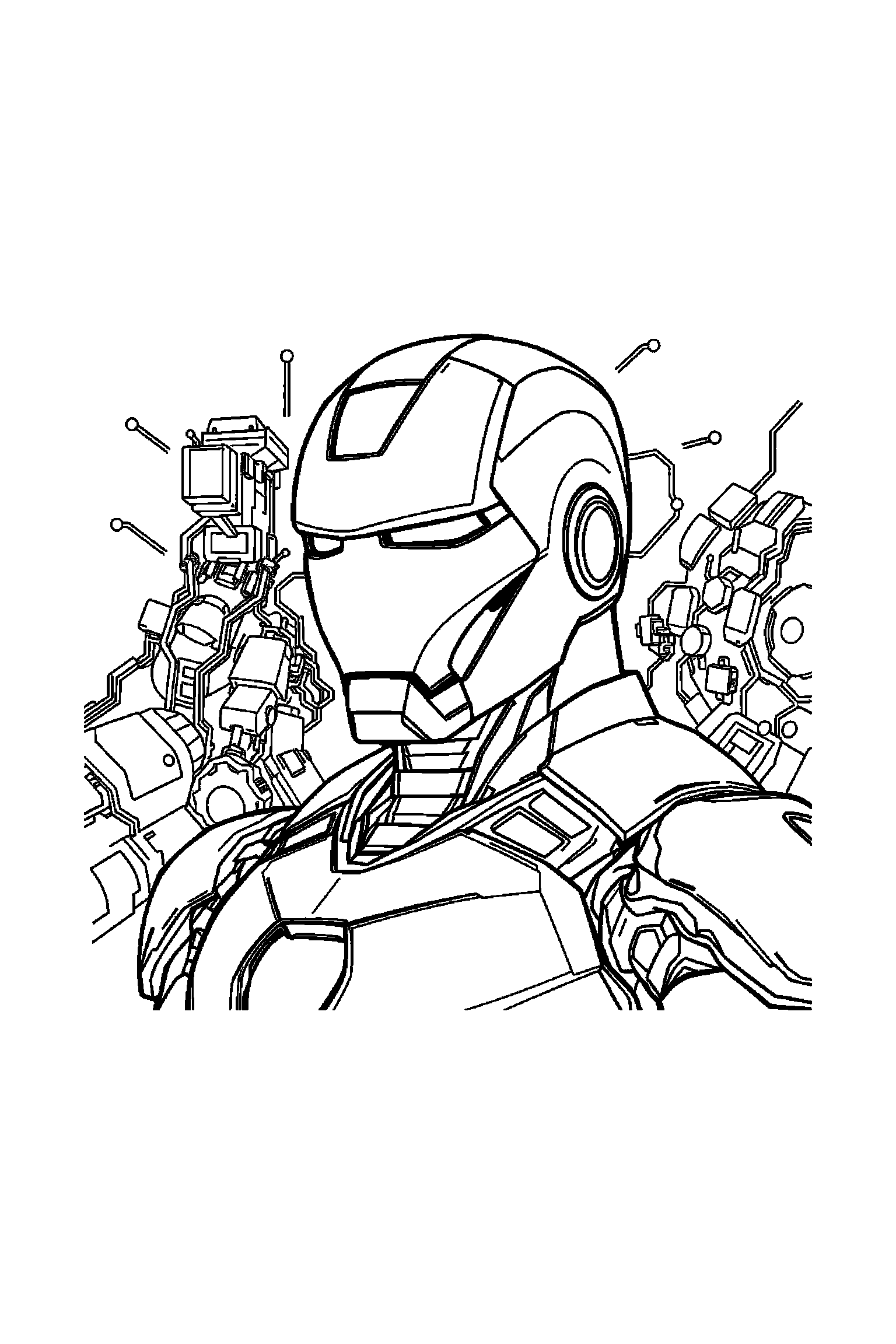 Coloriage Iron Man gratuit à imprimer : Iron Man en portrait clair avec armure lisible et fond blanc
