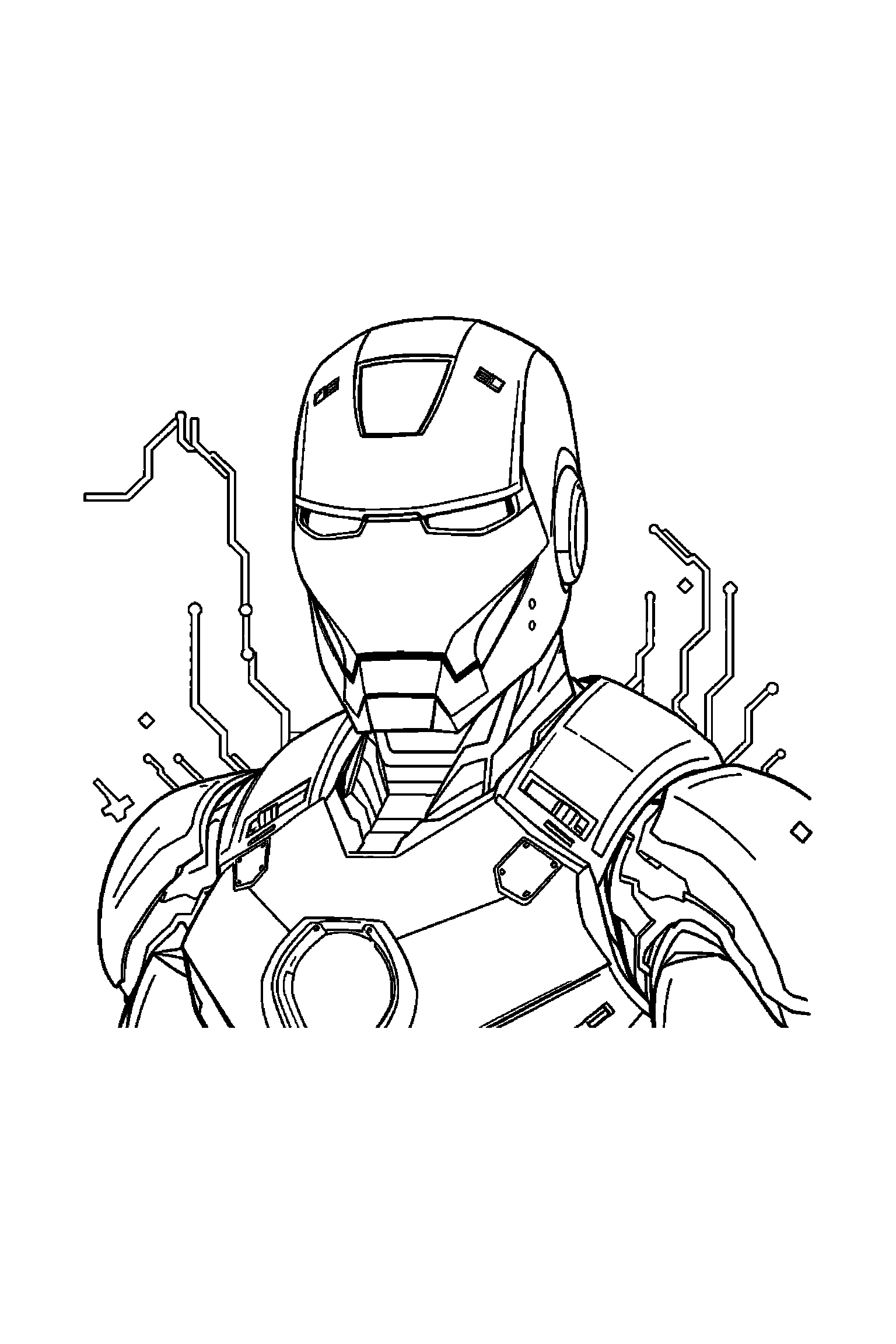Coloriage Iron Man gratuit à imprimer : portrait détaillé de Tony Stark en armure avec motifs circuits