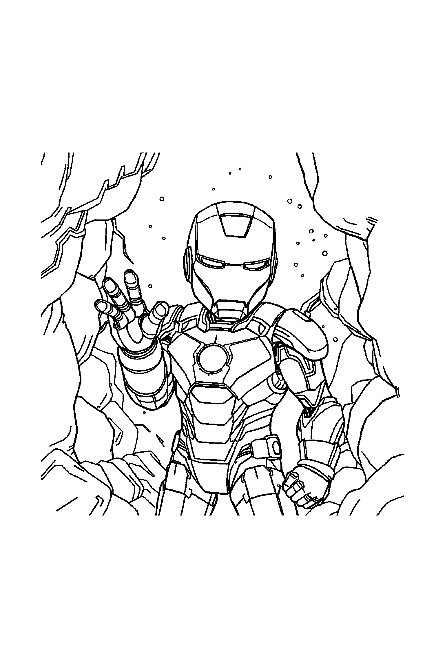 Coloriage Iron Man gratuit à imprimer : un héros en armure dans une scène verticale avec un gant