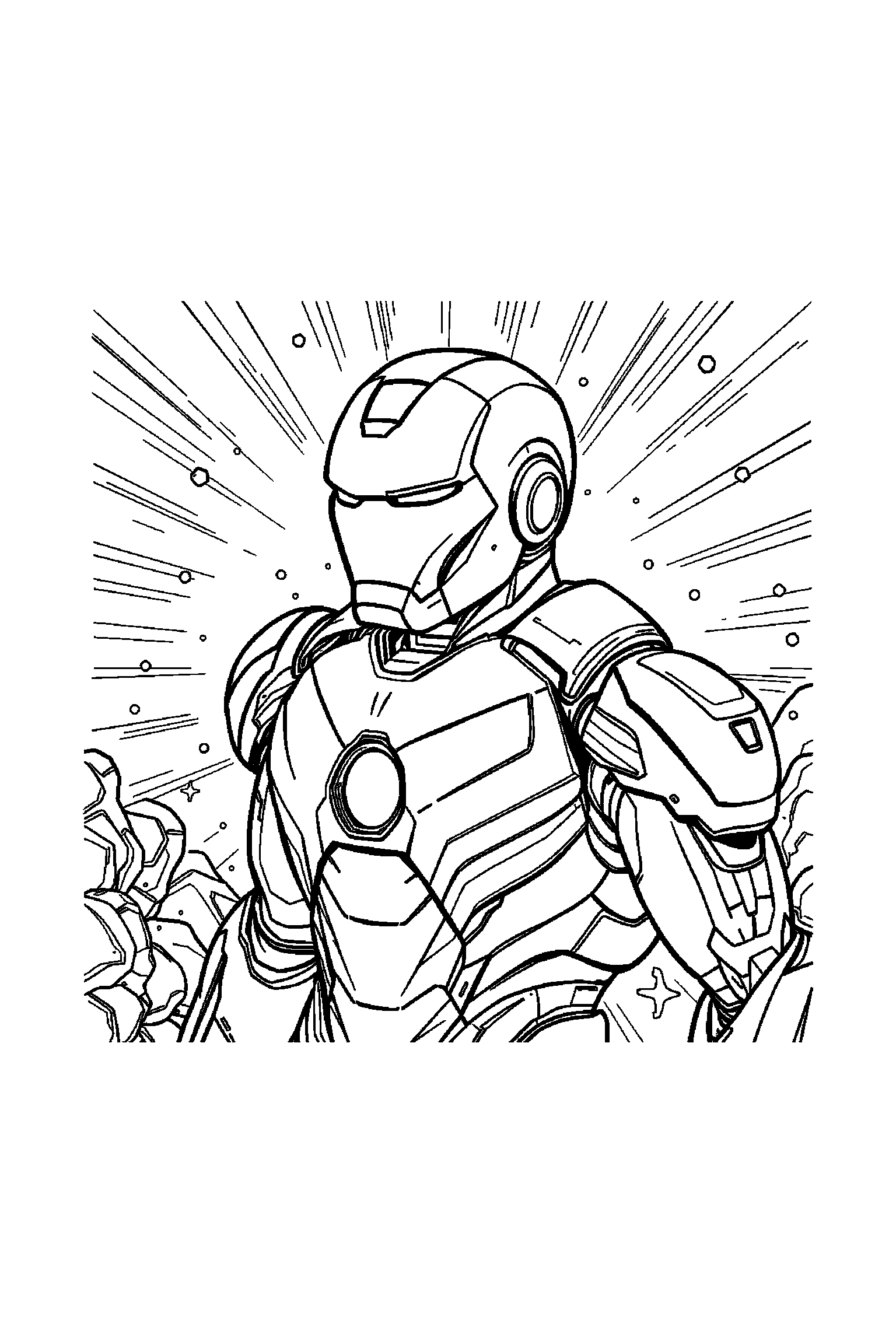 Coloriage Iron Man gratuit à imprimer : une armure volante entouré de rayons et petits détails
