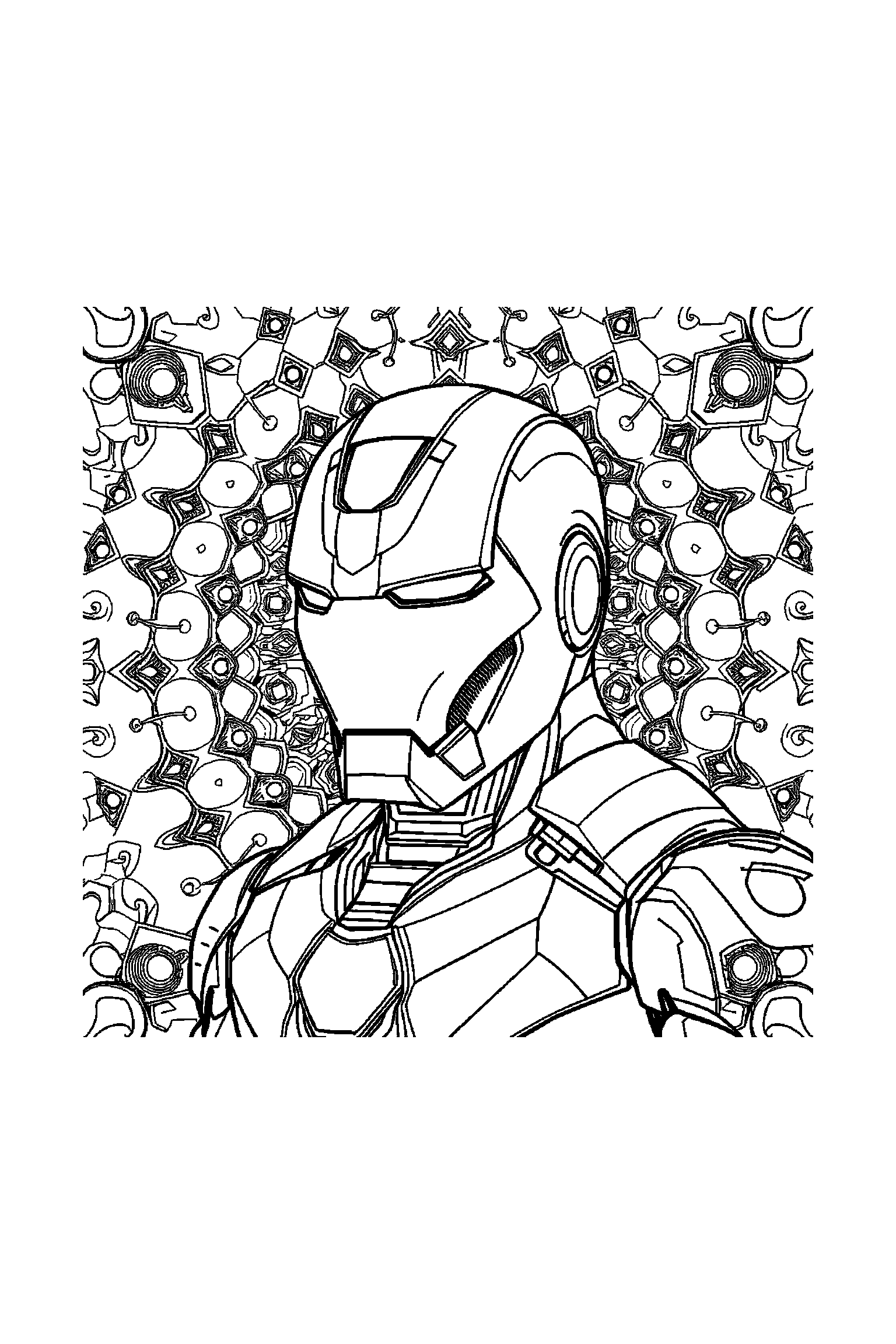 Coloriage Iron Man gratuit à imprimer : poster A4 détaillé de Iron Man avec mandala plaques d'armure