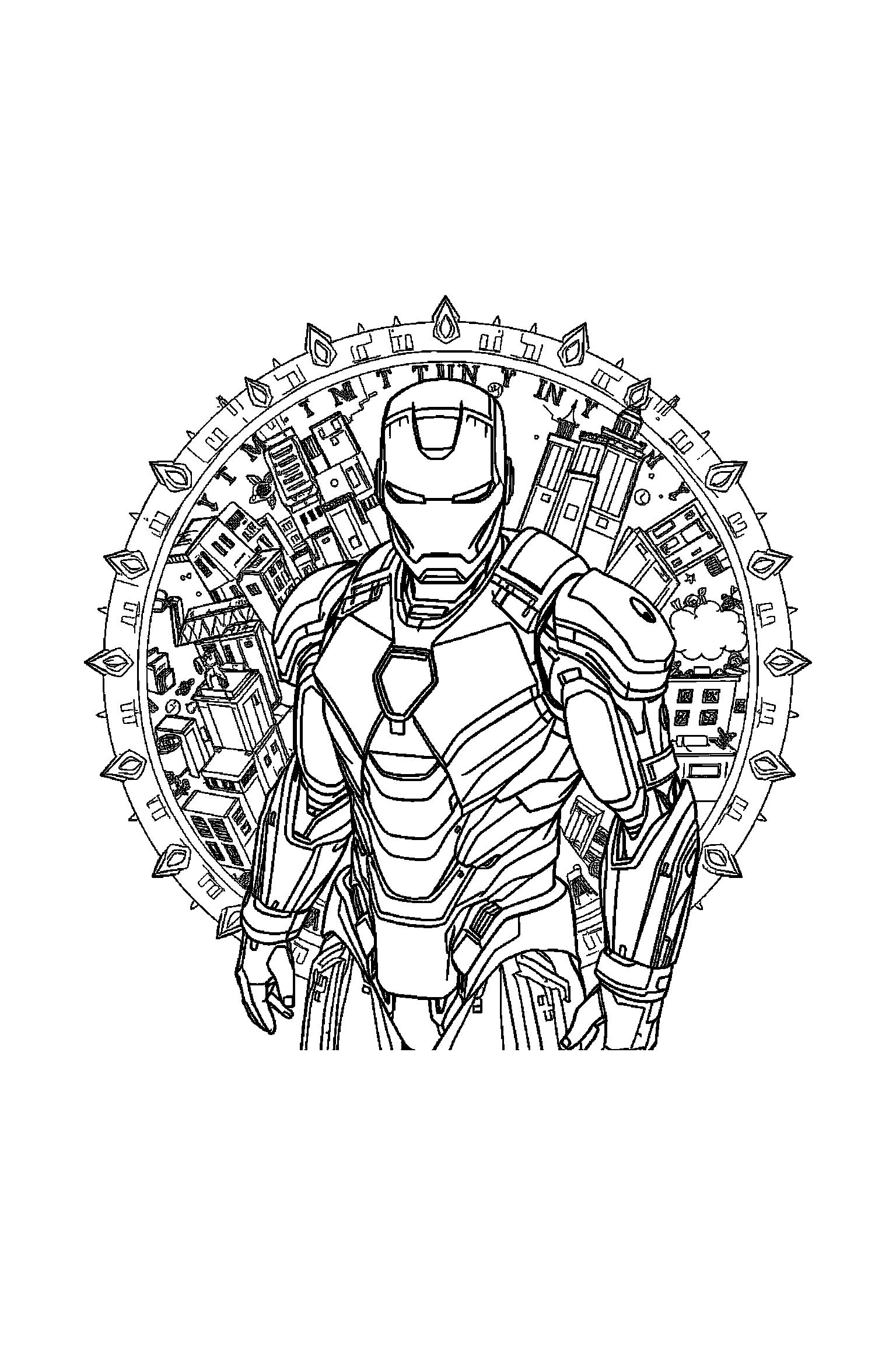 Coloriage Iron Man gratuit à imprimer : Tony Stark en armure au centre avec scène détaillée de un ciel de ville