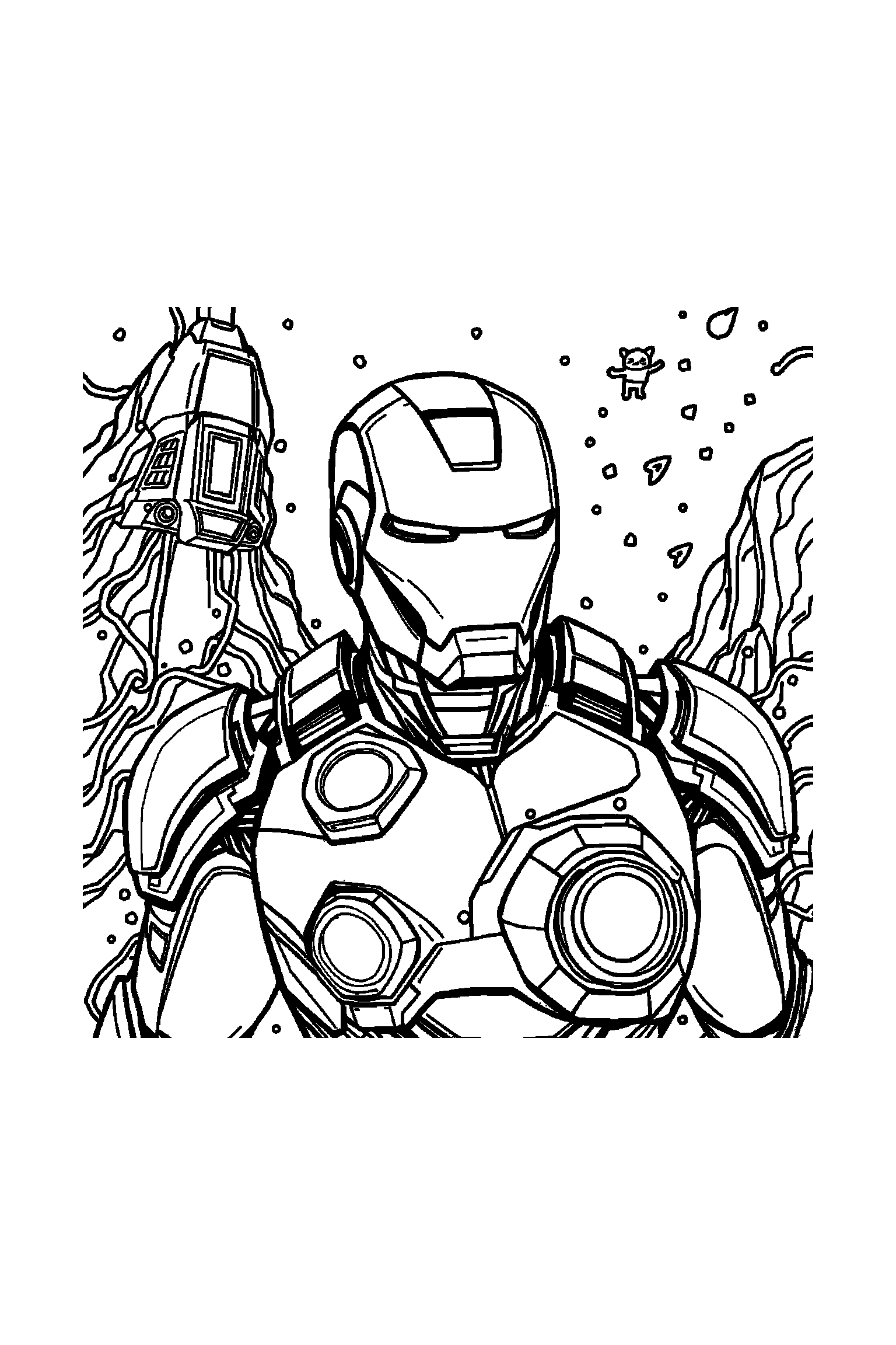 Coloriage Iron Man gratuit à imprimer : scène verticale détaillée avec un casque Iron Man et un boulon