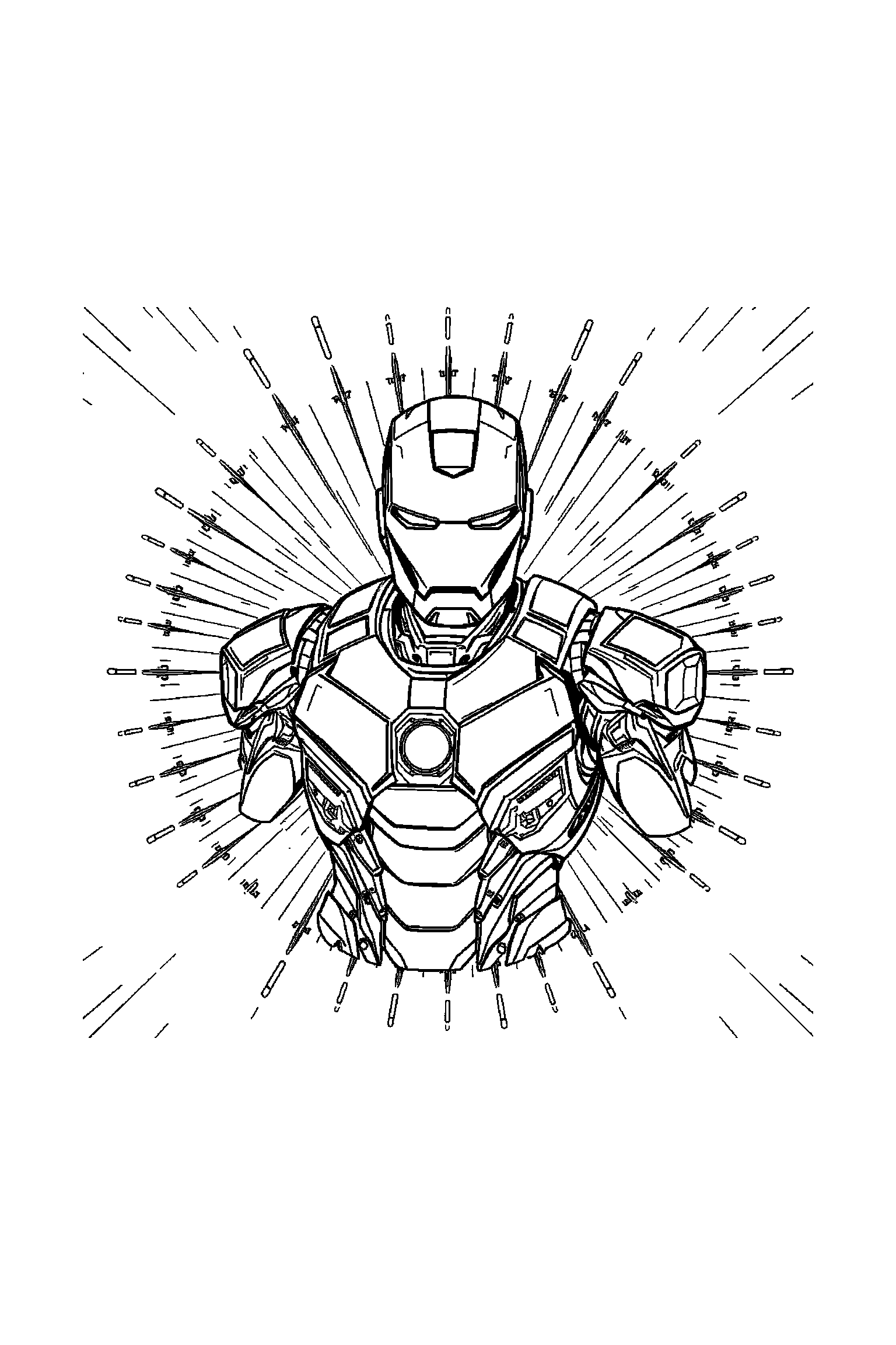 Coloriage Iron Man gratuit à imprimer : grand coloriage détaillé de une armure volante avec rayons