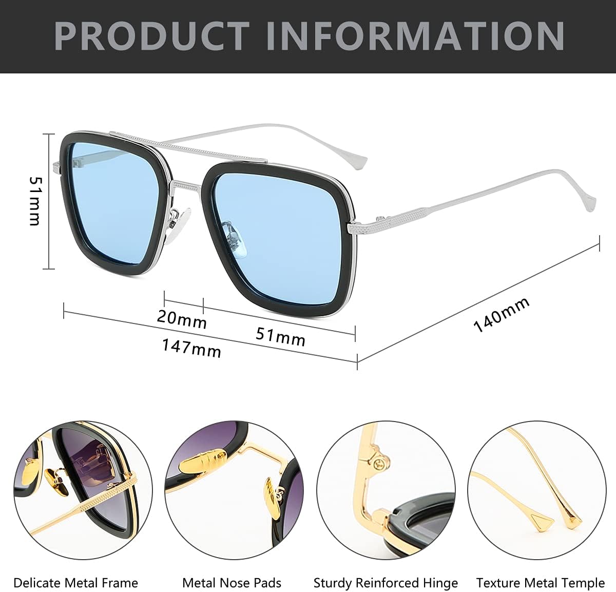 Lunettes de soleil Iron Man rétro à monture carrée en métal – Image 3