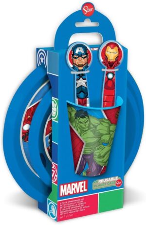 Ensemble repas Marvel Iron Man rouge et bleu avec assiettes, gobelet et couverts Avengers Hulk Captain America Thor