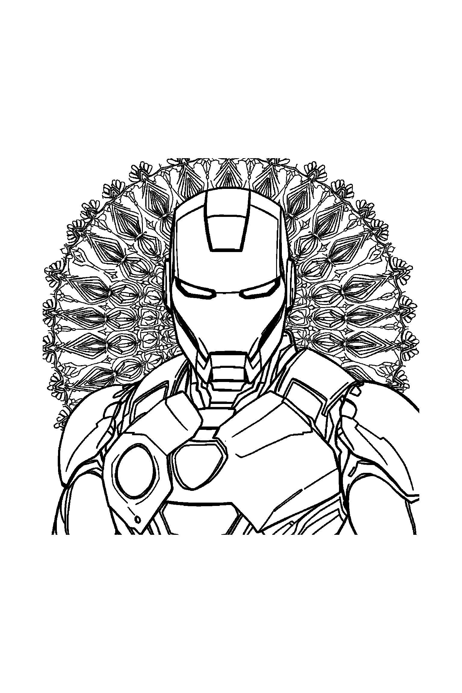 Coloriage Iron Man gratuit à imprimer : poster A4 détaillé de Iron Man avec mandala plaques d'armure