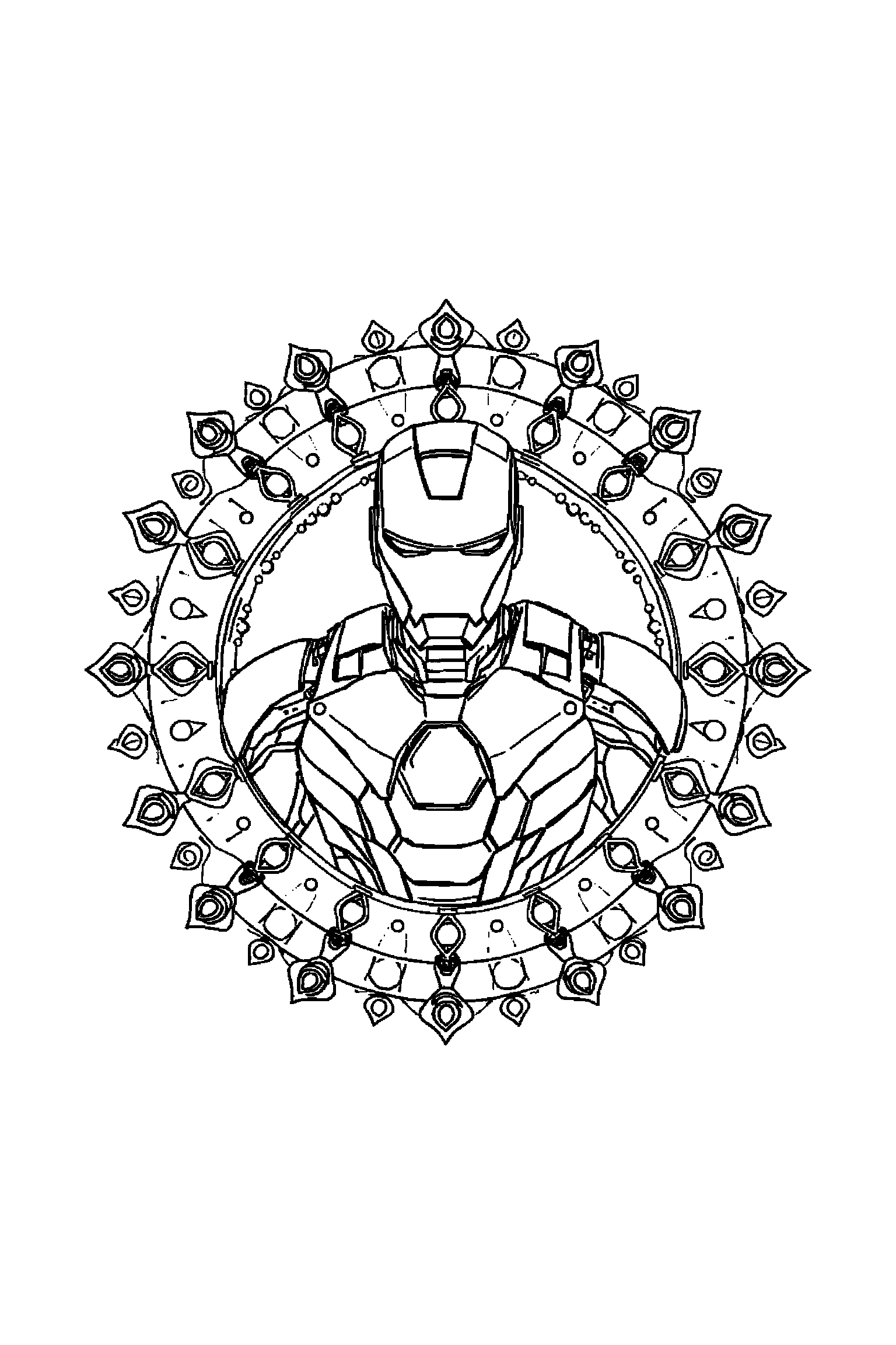 Coloriage Iron Man gratuit à imprimer : Iron Man au centre avec mandala de cercles simples et armure nette