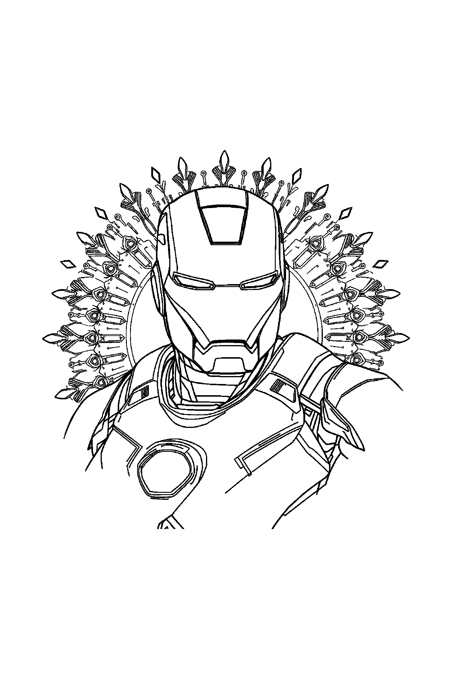 Coloriage Iron Man gratuit à imprimer : scène verticale détaillée avec un casque Iron Man et un boulon