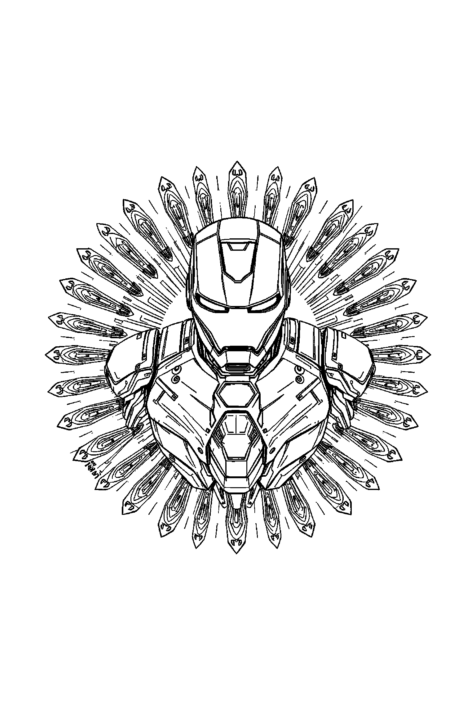Coloriage Iron Man gratuit à imprimer : grand coloriage détaillé de une armure volante avec rayons