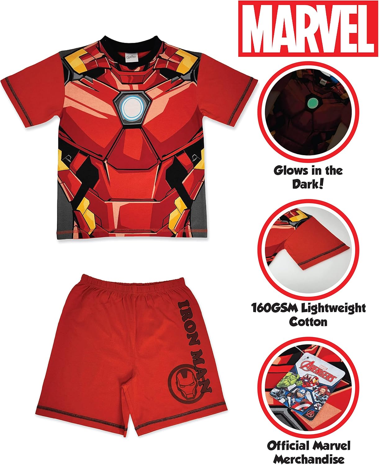 Pyjama court Avengers Iron Man en coton 100 % avec devant phosphorescent – Image 4