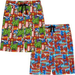 Lot de 2 shorts de détente Marvel pour homme en 100% coton avec Iron Man, Spider-Man, Hulk, Captain America et Thor