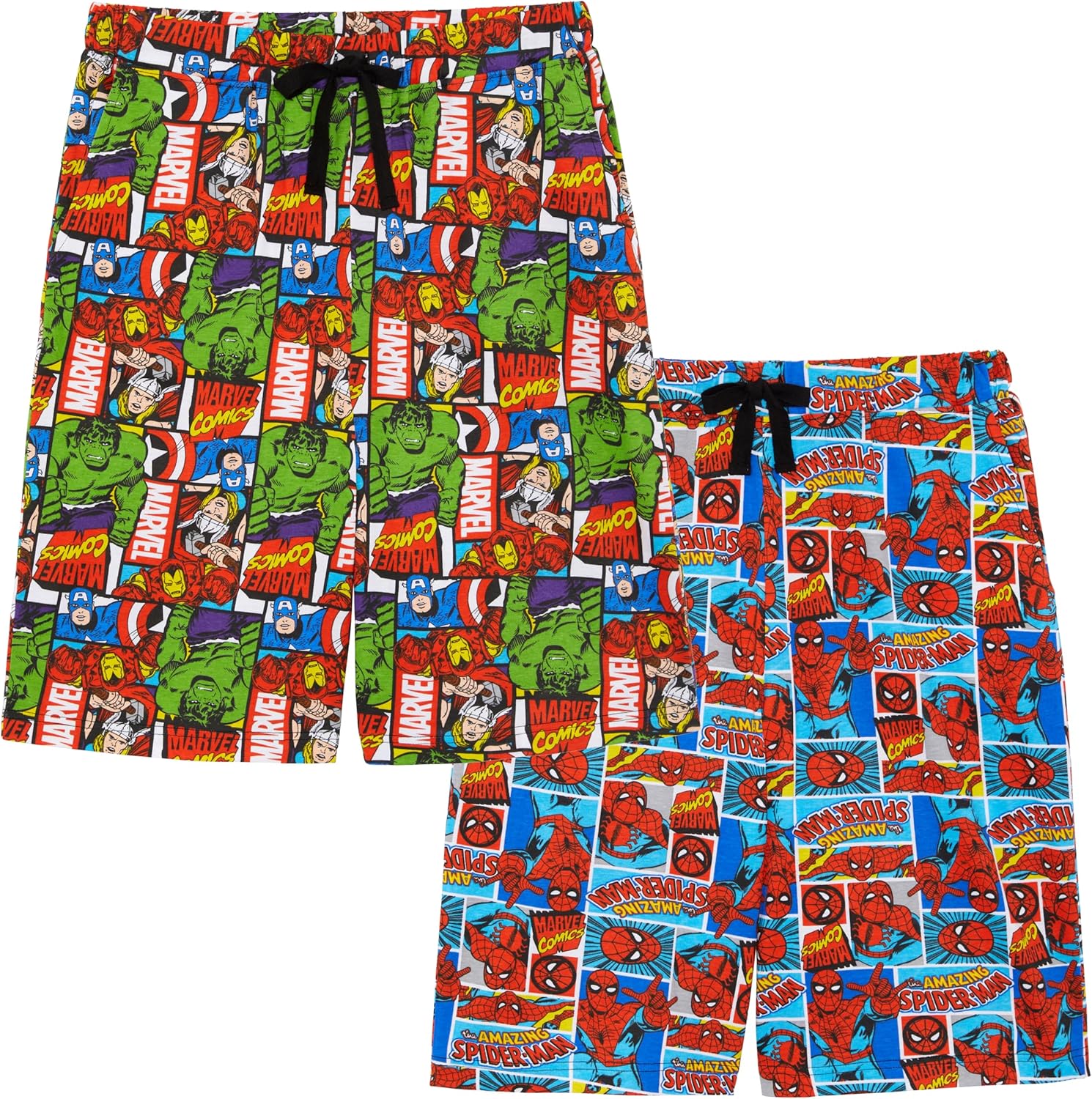 Lot de 2 shorts de détente Marvel pour homme en 100% coton avec Iron Man, Spider-Man, Hulk, Captain America et Thor