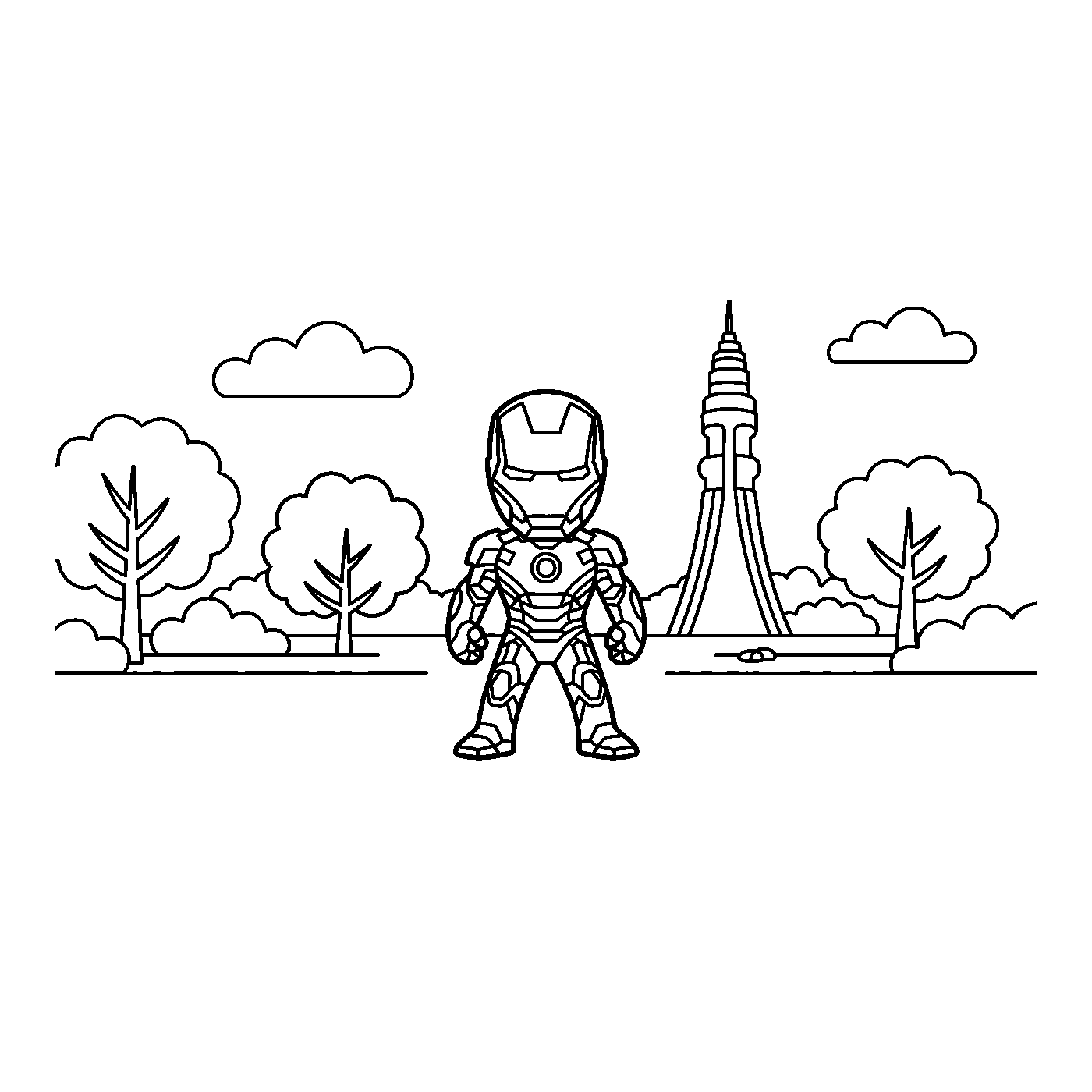 Coloriage Iron Man gratuit à imprimer : Iron Man en posture héroïque