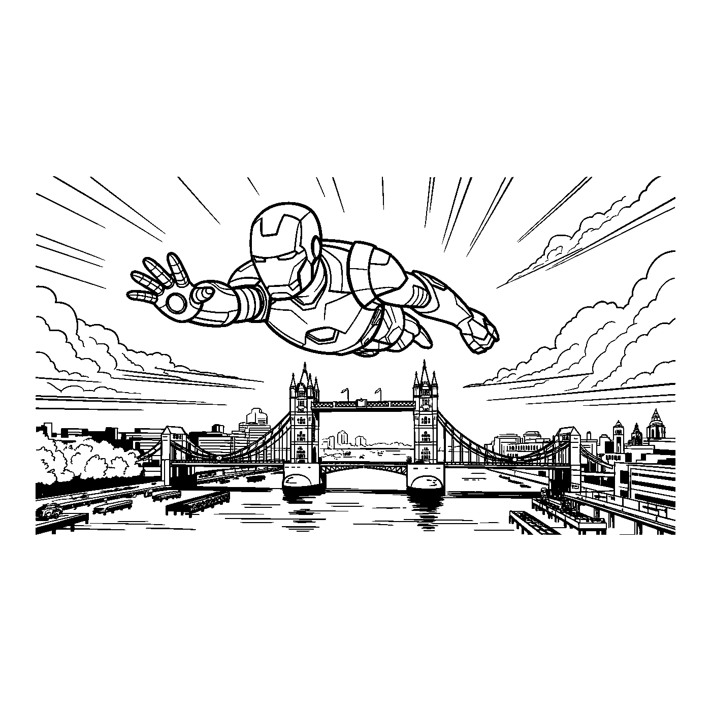 Coloriage Iron Man gratuit à imprimer : Iron Man avec décor high-tech