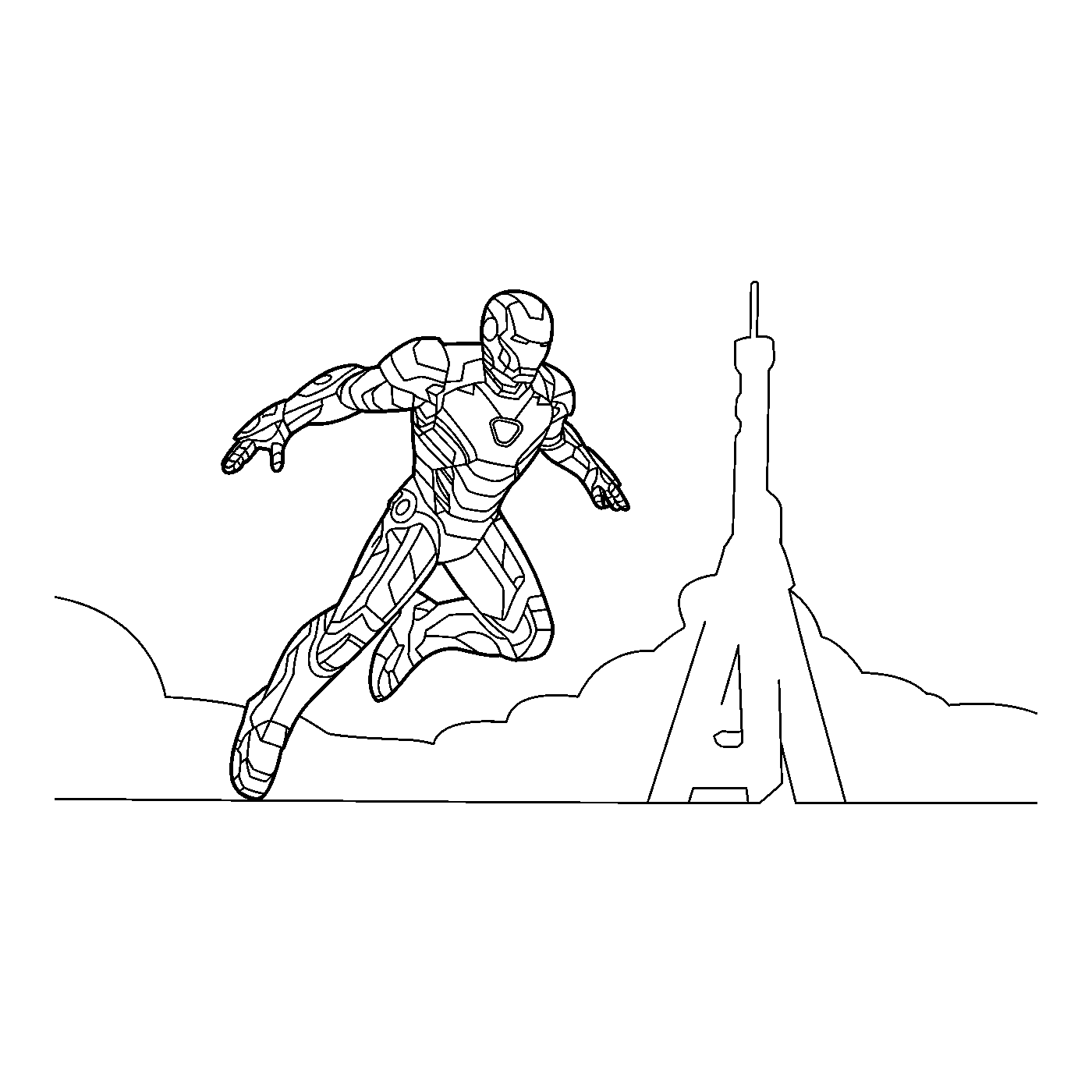 Coloriage Iron Man gratuit à imprimer : Iron Man en plein vol